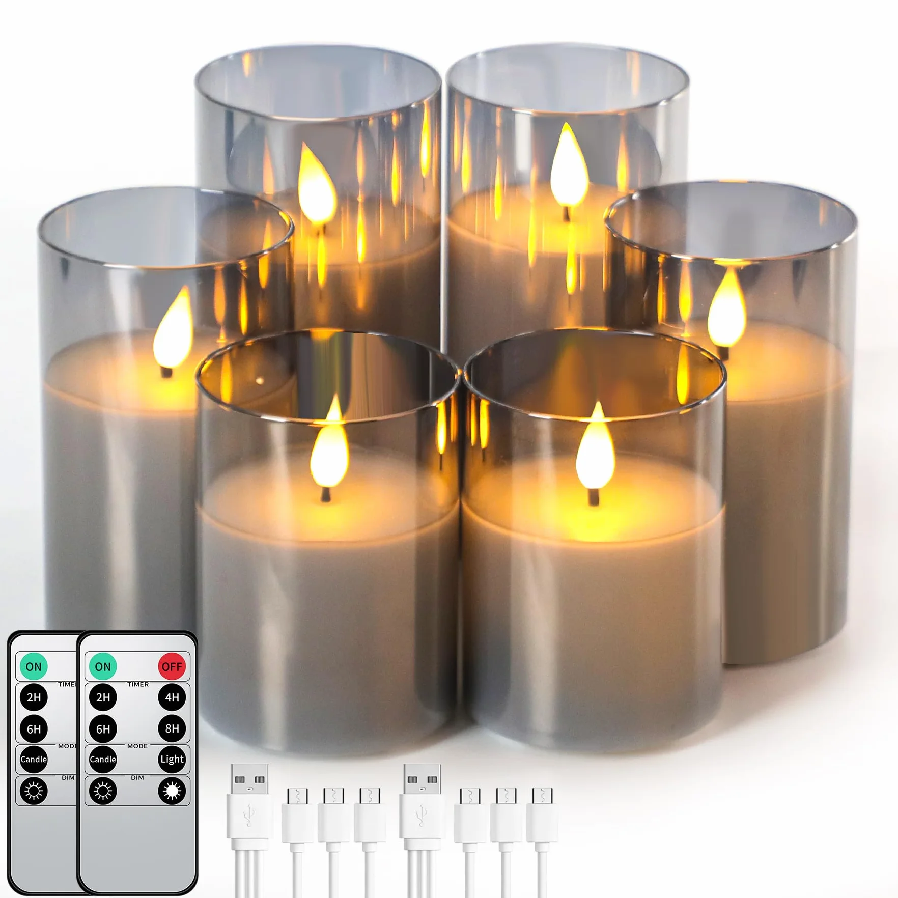 Forever Speed 6 Pezzi Vetro Grigio Candele LED Ricaricabili con Timer, Dimmerabile Candele Senza Fiamma con Cavo USB Flameless Candele per Decorazione per Feste, Campeggio, Matrimonio, Regali