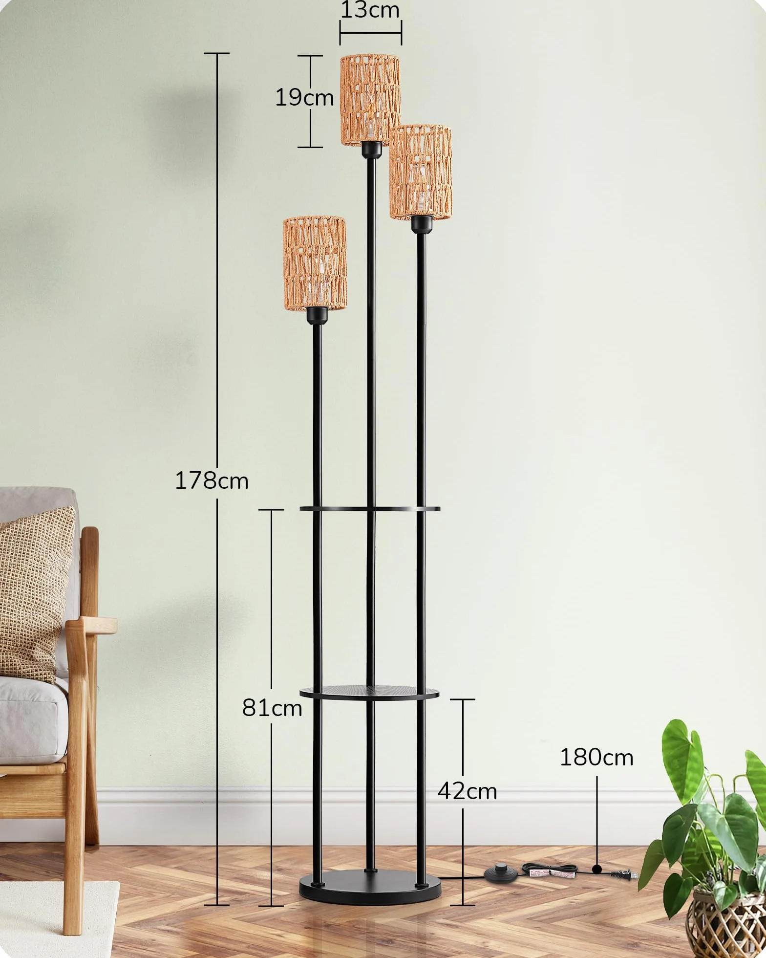 EDISHINE Lampada da Terra Boho Vintage con Mensola e Ripiano Portaoggetti, Piantana 3 Luci E27 con Paralume in Rattan, Lampadine Incluse, Interruttore a Pedale, Lampada Salotto Moderna 178 cm