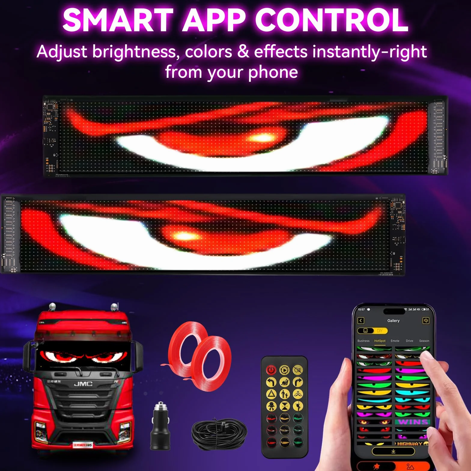 2 Pannelli LED Flessibili Maxi 12x60 cm, Occhi LED Grandi per Auto/Camion, Schermo Programmabile Impermeabile IP65, Controller APP & Telecomando, Luci RGB Ultra-Luminose per Tuning, Vetrina, Feste