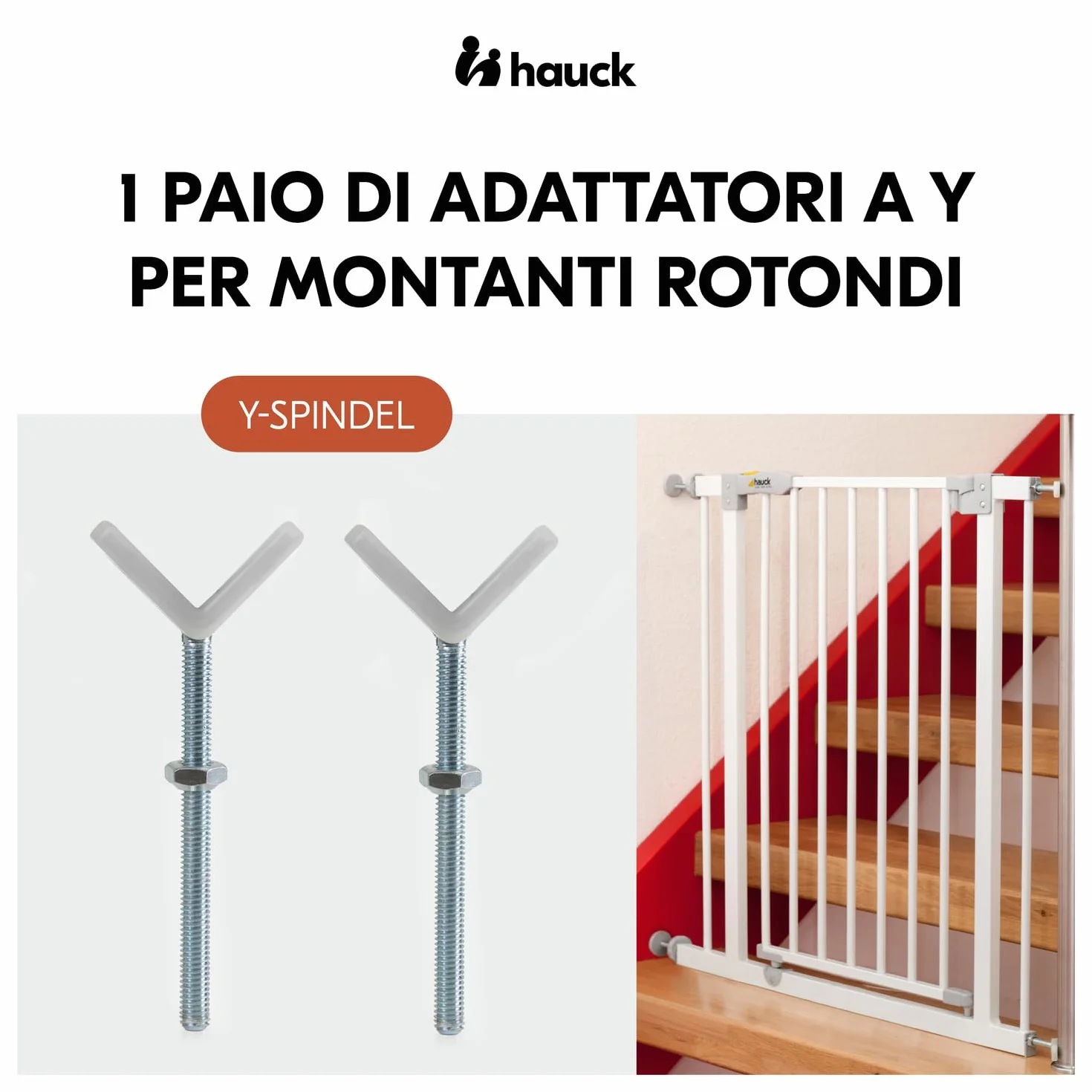 Hauck Y-Spindle Bianco - 2 Adattatori per Scale con Ringhiere a Profili Rotondi 6 cm - Filettatura M10 - Accessorio Compatibile Cancelletto Bambini Cani