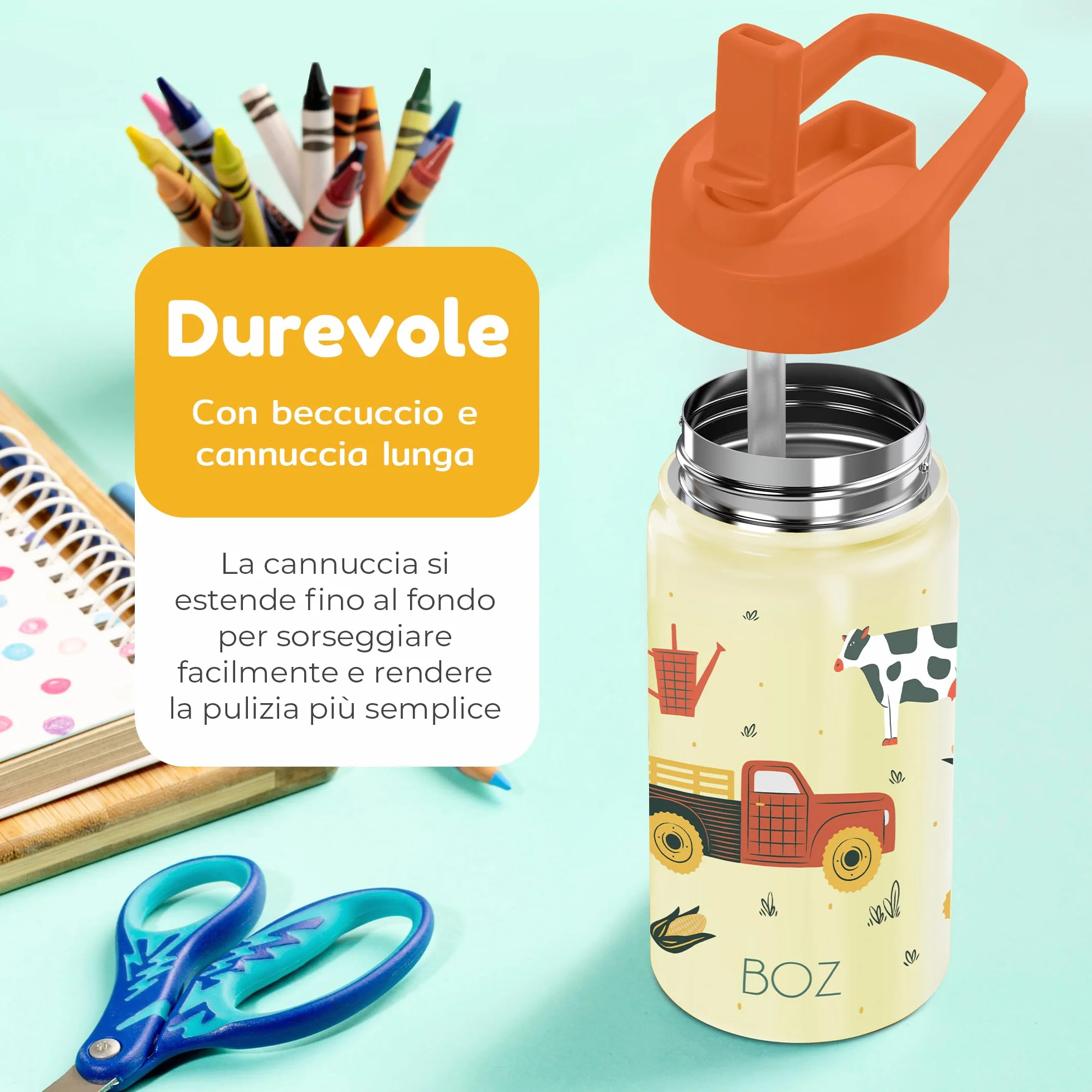 Borraccia Bambini con Cannuccia 400 ml BOZ, Termica, Lavabile in Lavastoviglie, BPA Free, Antigraffio