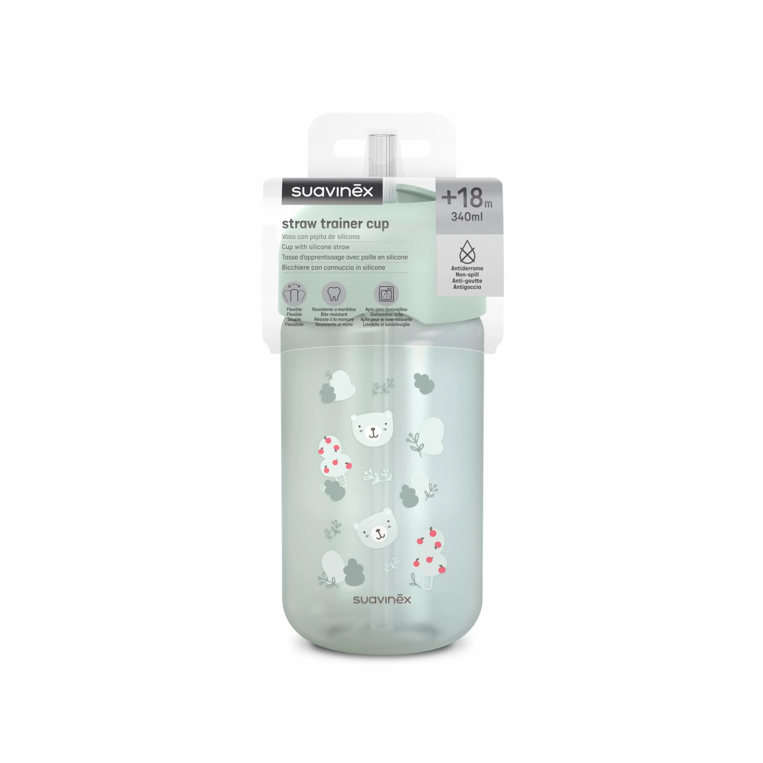Suavinex Bicchiere Evolutivo Neonati 18 Mesi Cannuccia Silicone Morbido Flessibile Anti-fuoriuscita Anti-gocciolamento Coperchio 340 ml Wild&Free verde