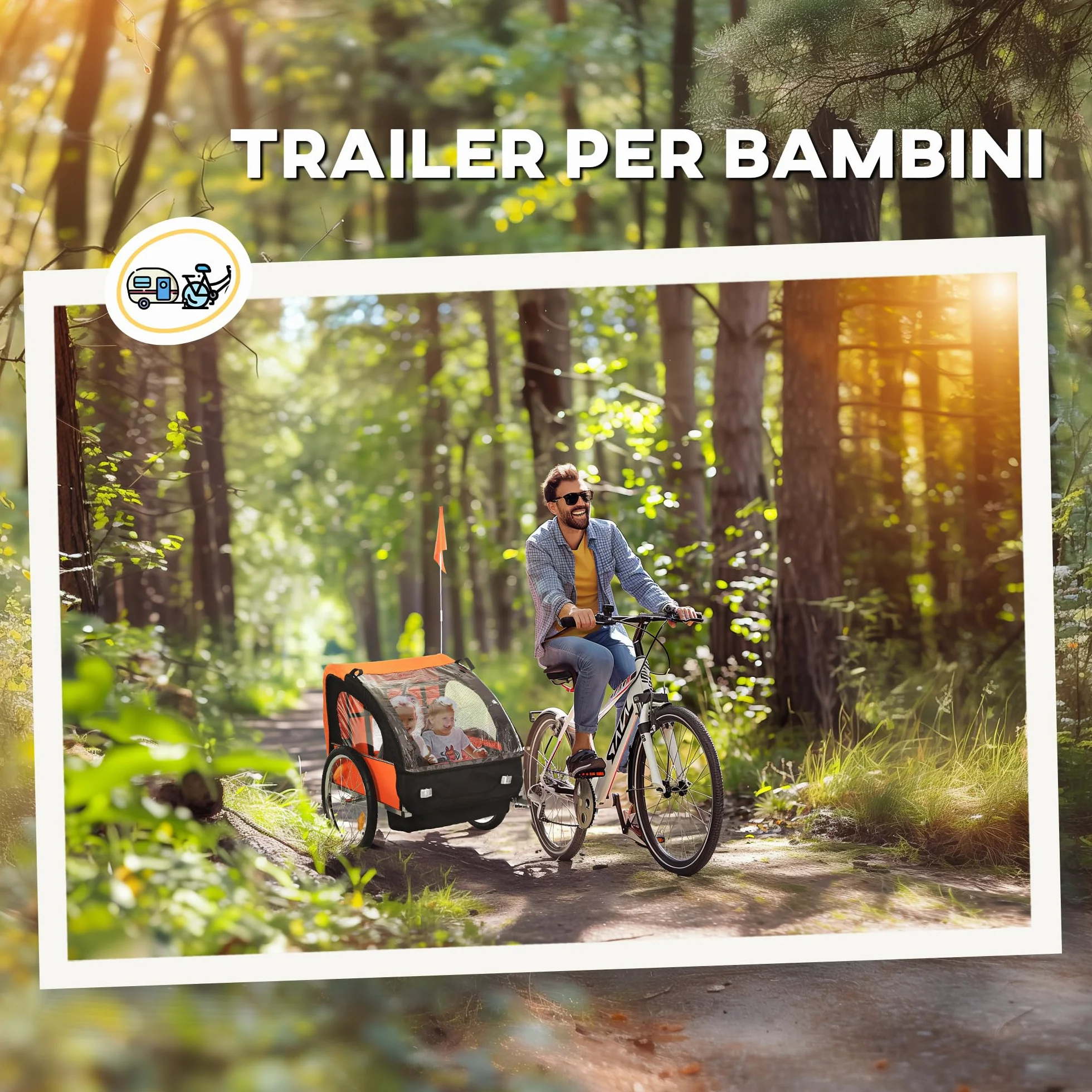 Homcom Rimorchio Bici Bambini 2 Posti con Cinture di Sicurezza Telaio Acciaio Copertura Tessuto Oxford