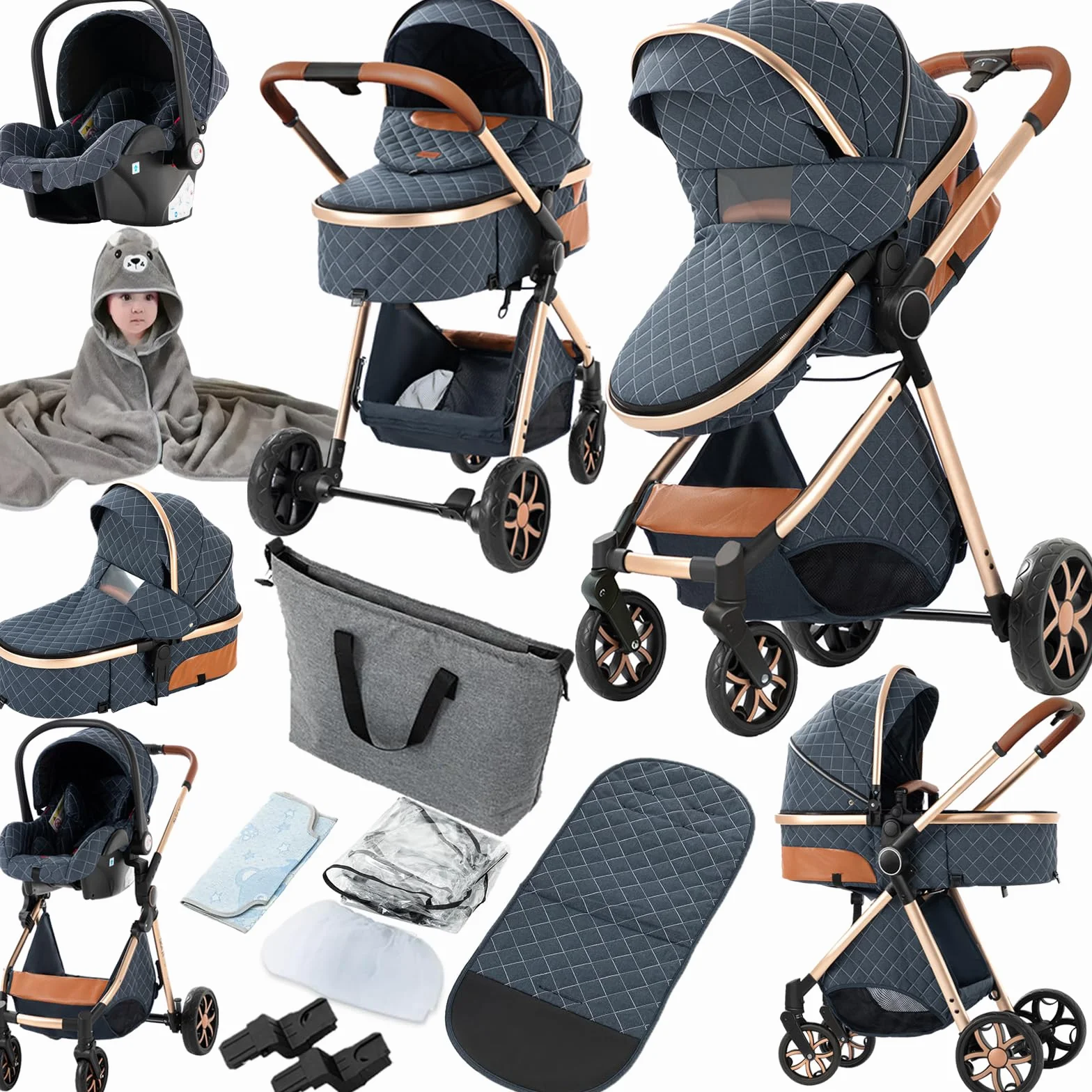Passeggino Trio 3 in 1 con Telaio in Lega di Alluminio Pieghevole (225 Denim Blue)