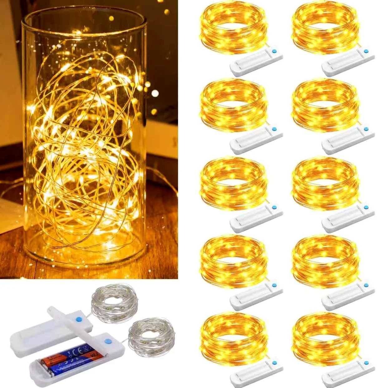 Confezione da 10 luci a LED micro stellate, impermeabili, funzionamento a batteria (incluso) lucciole, filo di rame stellato, per decorazioni fai da te, matrimoni, feste di Natale, Confezione da 10