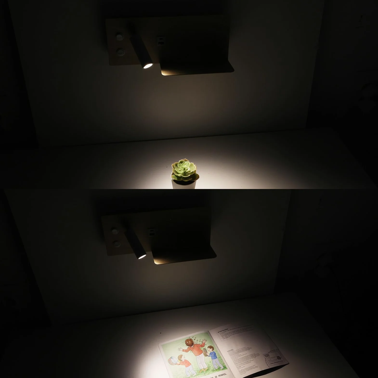 Alpinaluz Applique LED da Parete con Luce di Lettura Orientabile e Luce Ambientale 2700K, Interruttore Doppio, Doppia Porta di Ricarica USB, Mensola, Metallo con Effetto Legno