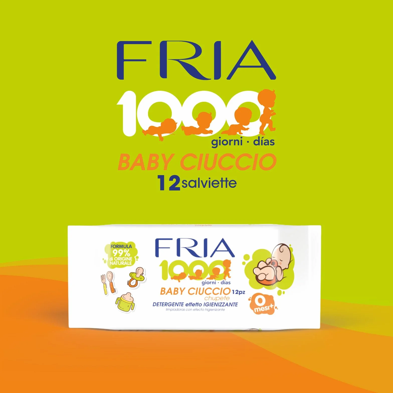 Fria Baby Ciuccio Salviette Pulisci Ciuccio Biberon Tettarelle Azione Igienizzante 99% Origine Naturale Confezione Borsa 12 Salviette