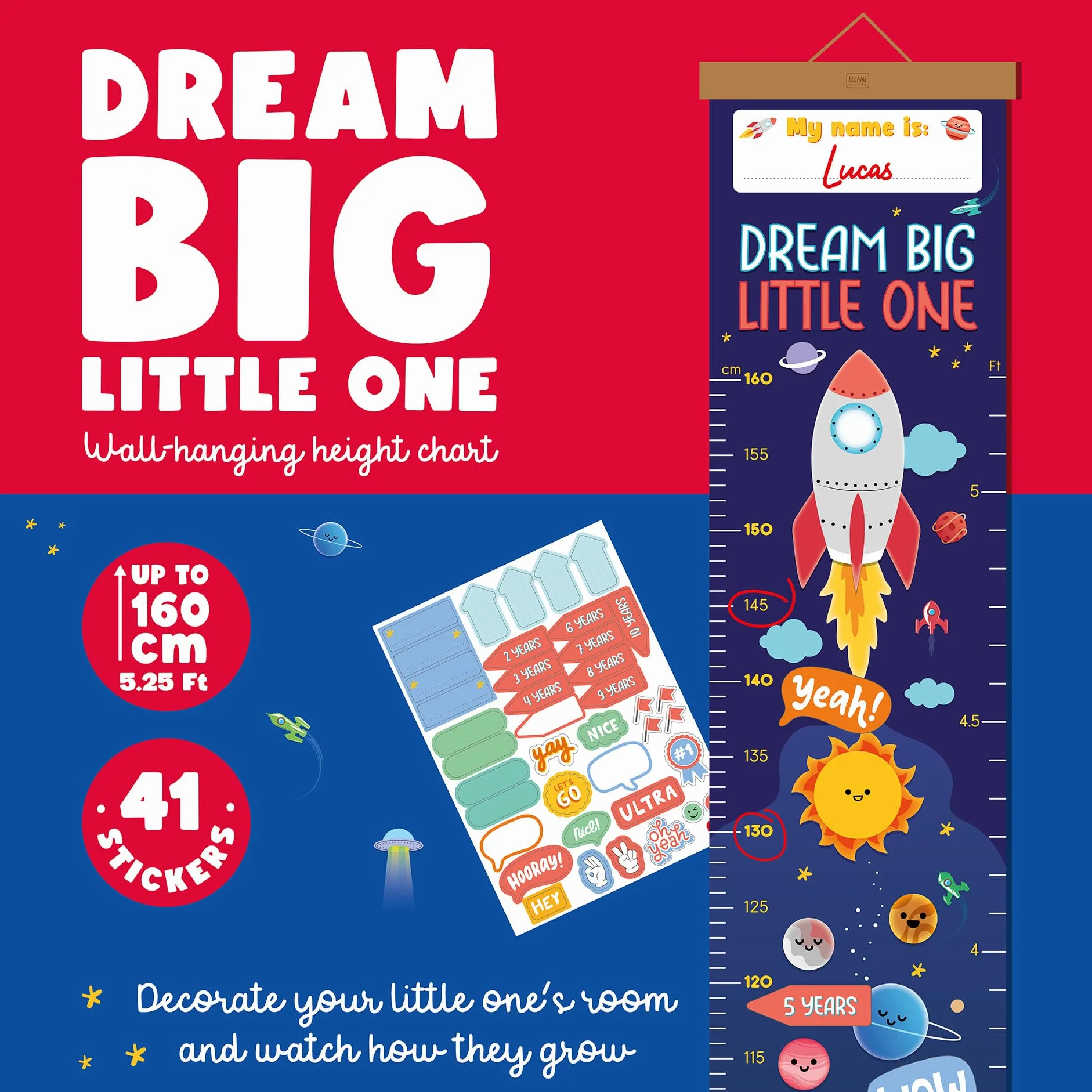 Legami Metro da Parete Dream Big Little One, Metro Altezza Bambini 160 cm, 41 Stickers, Listelli Legno, Tema Space