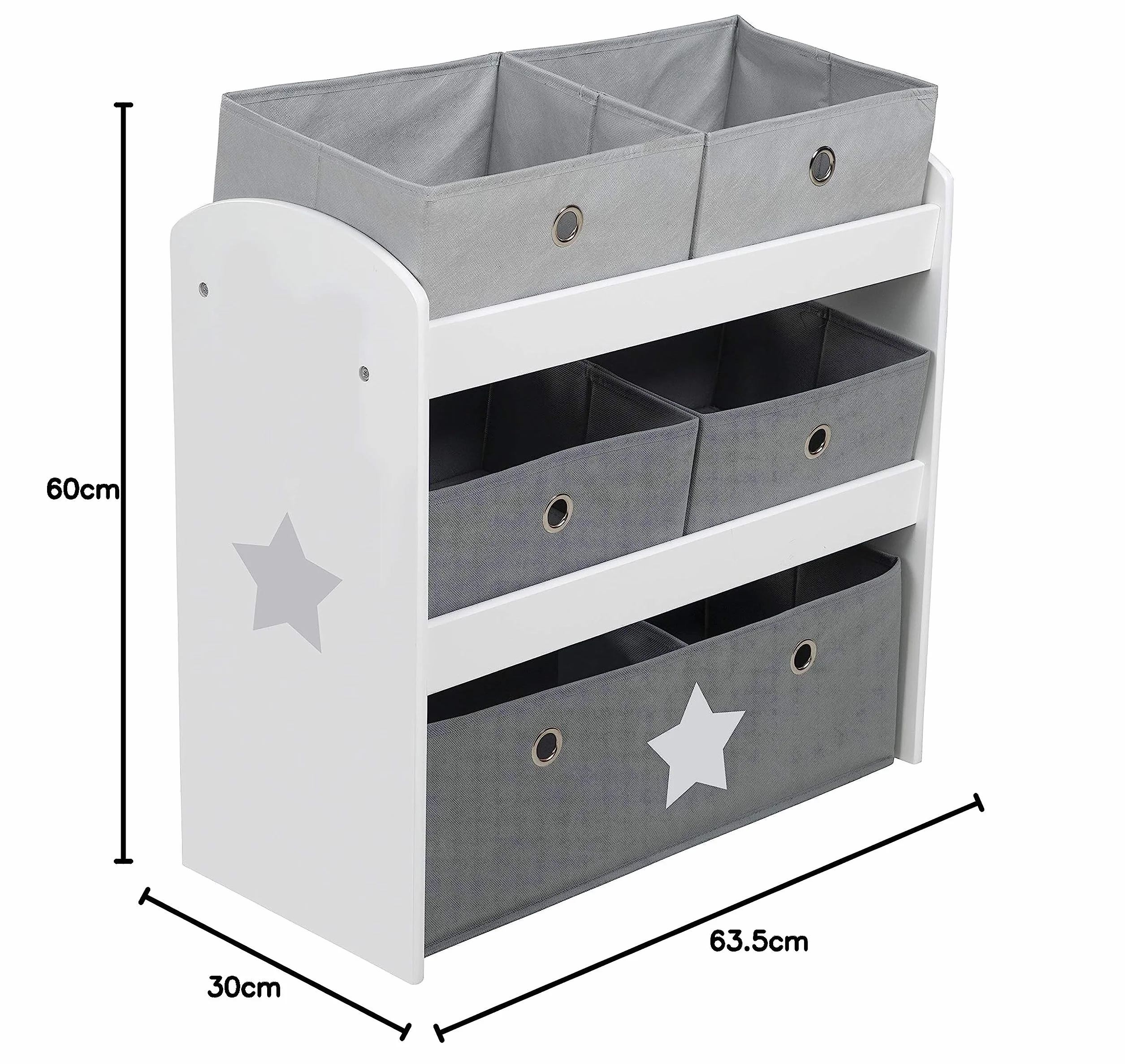 roba Scaffalatura Portaoggetti Stars 5 Scatole Tessuto Grigio 64x30x60 cm Legno Laccato Bianco