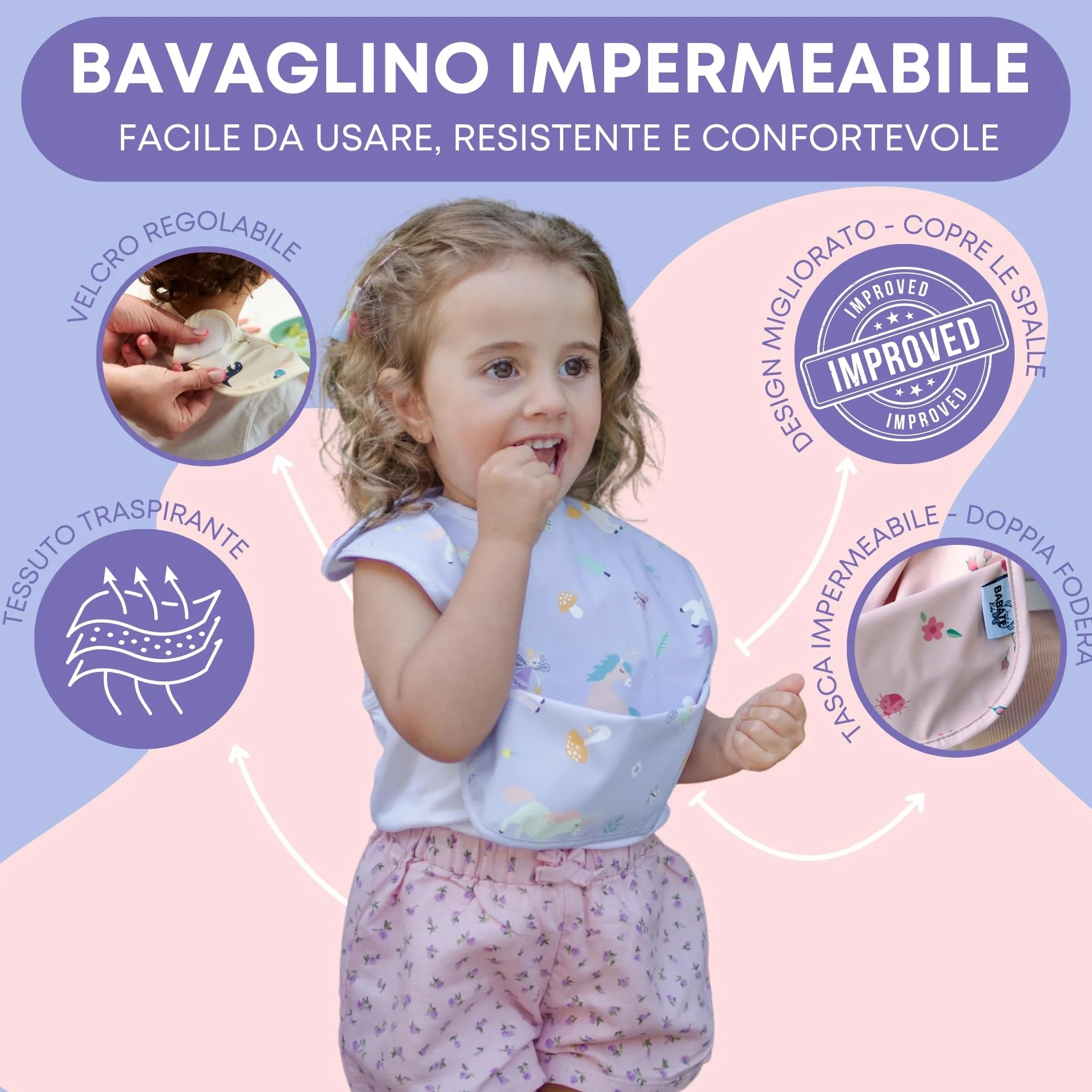 Bavaglini impermeabili 2 unità, plastificati, smanicato, pappa svezzamento, bambini