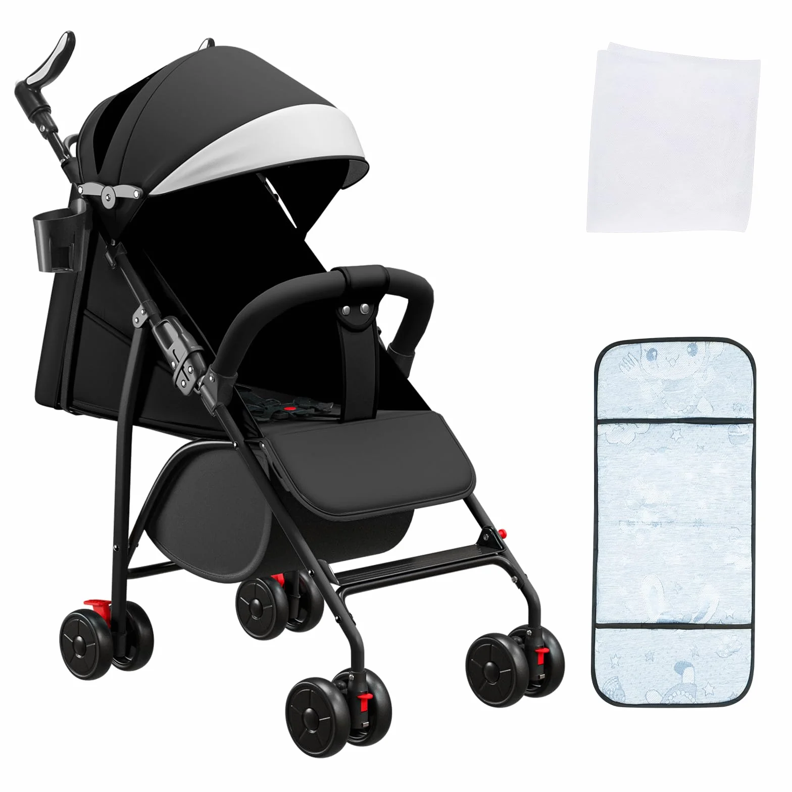 Passeggino a 4 Ruote 25 kg Pieghevole Compatto Grande Capottina Schienale Inclinabile Manubrio Regolabile