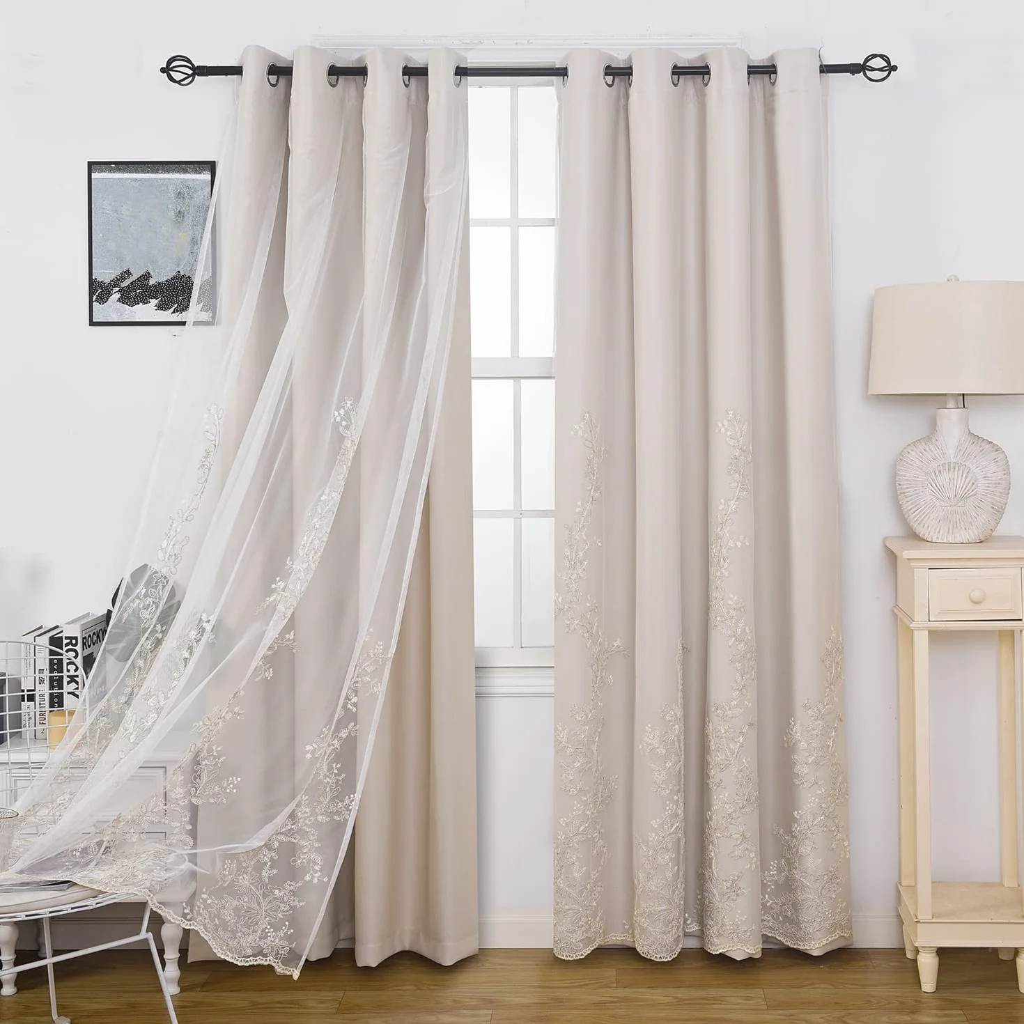 Tende a doppio strato con tulle trasparente ricamato 132 x 243 cm beige GYROHOME