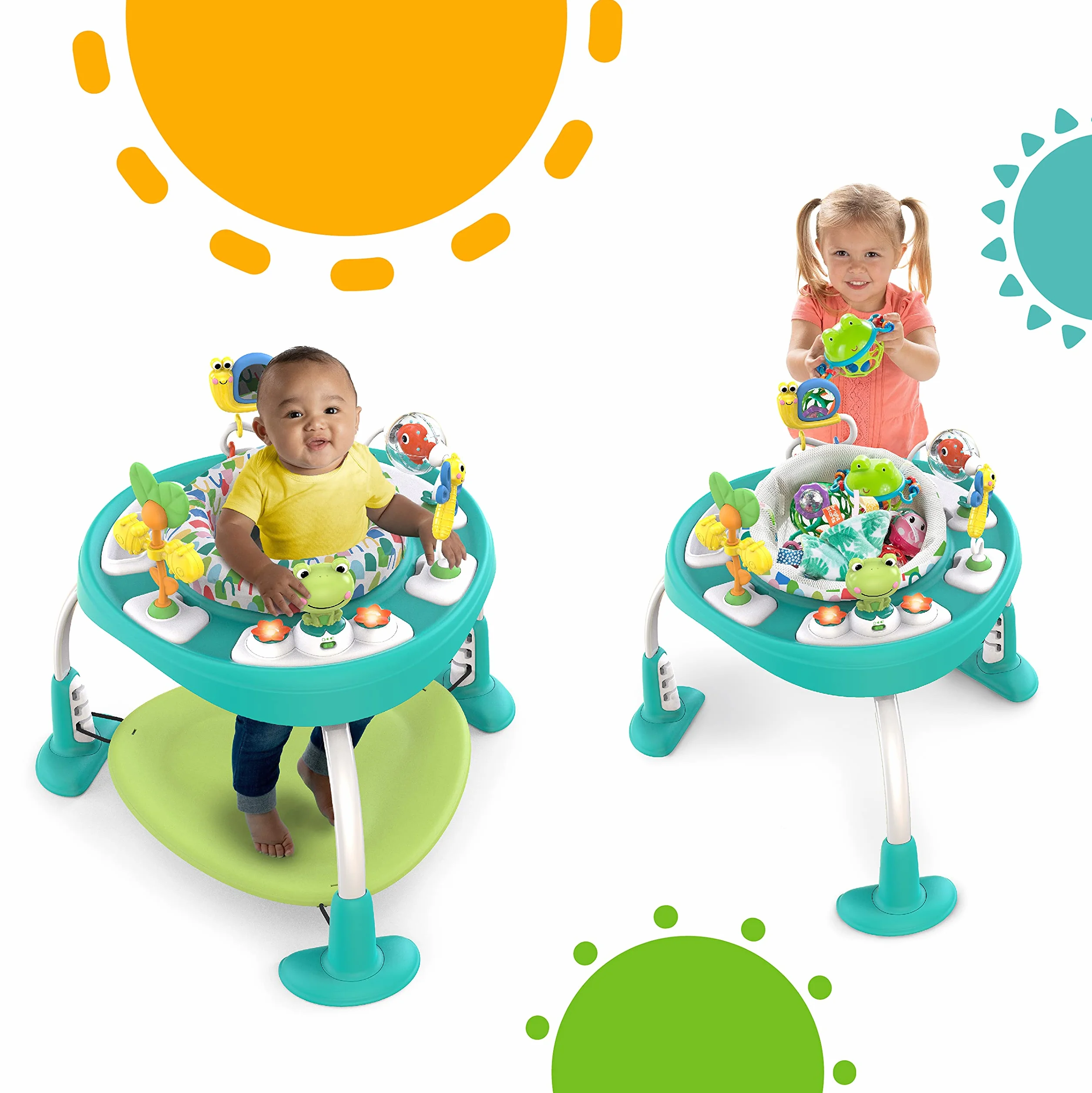 Bright Starts Centro Attività Tavolo 2in1 Bounce Bounce Playful Pond 7 Giocattoli Interattivi Suoni Musica Altezza Regolabile Seduta Ruotabile 360° Verde 6 Mesi+