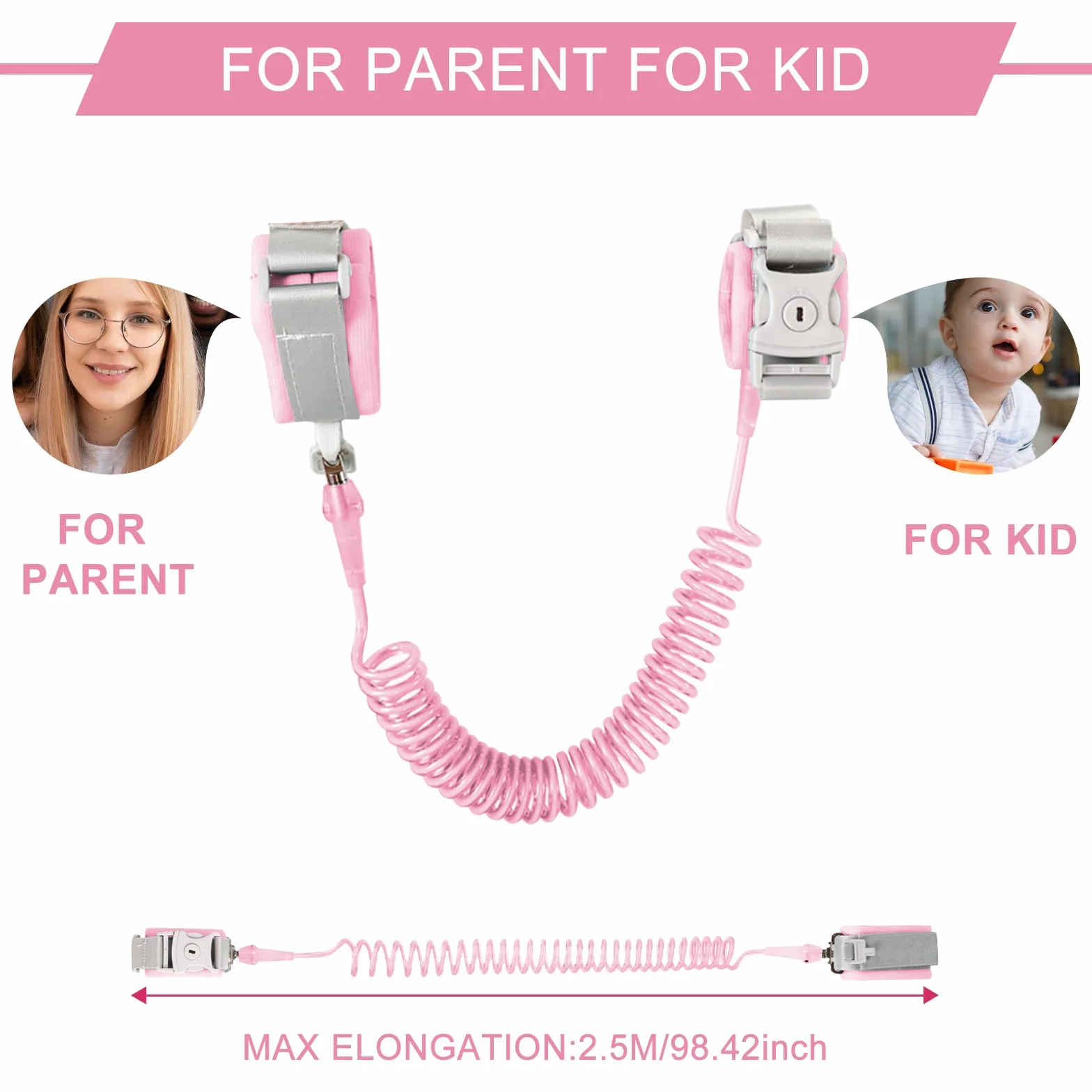 Bambini Guinzaglio Polso di Sicurezza 2.5M Anti Perso Cintura Rosa