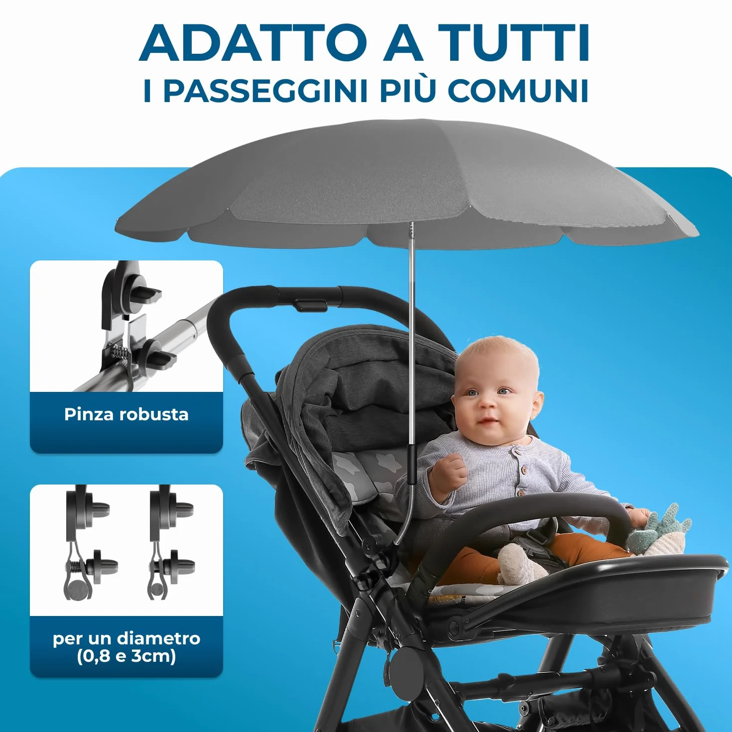 STYNGARD Ombrellino Passeggino UV 50+ 70 cm con Supporto Universale Modello ROMA