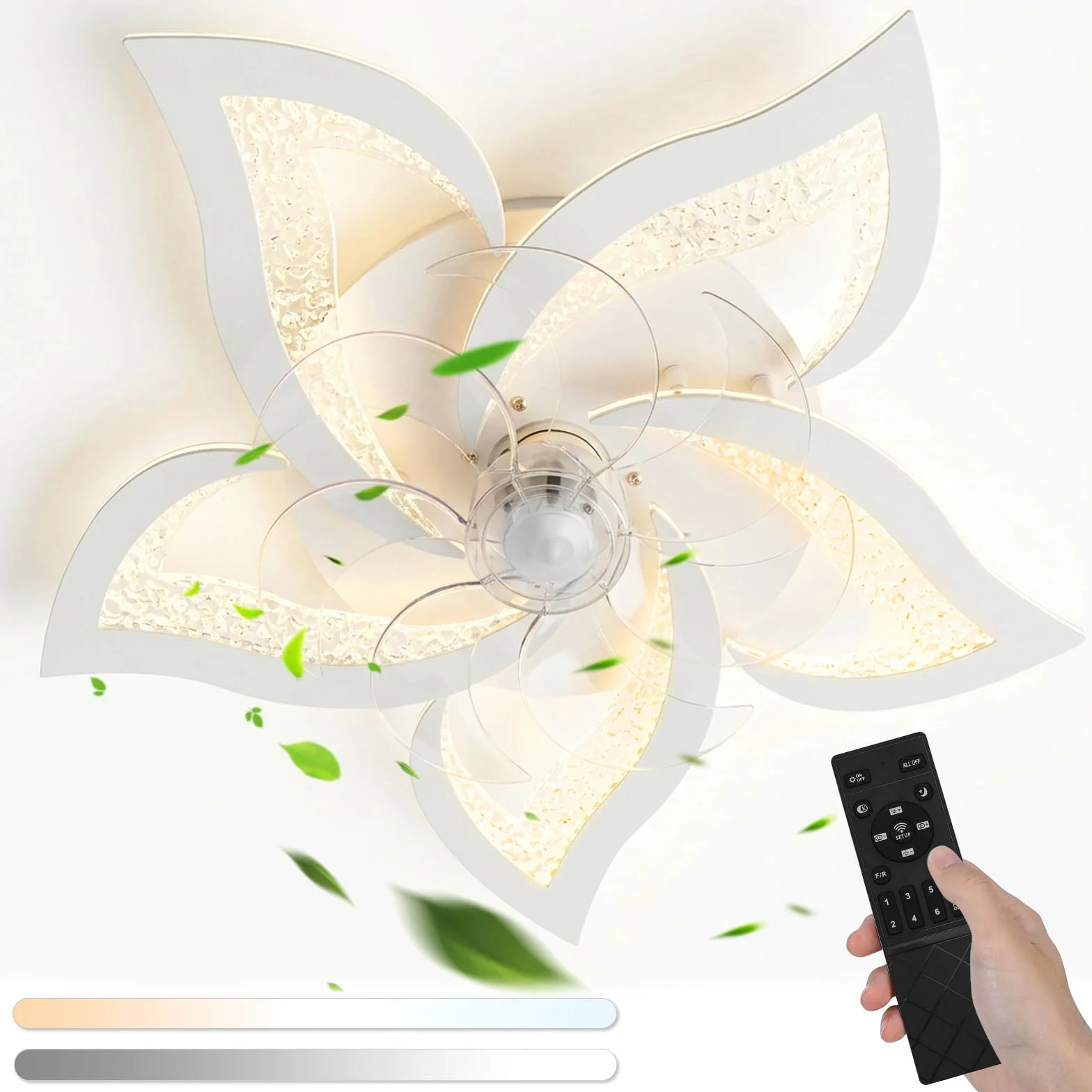 Aigostar Ventilatore da Soffitto con Luce e Telecomando Silenzioso Fiore - 40W Luce LED Regolabile 3000K-6500K, 16W Motor DC Reversibile, 6 Velocità con Timer per Casa (67cm, Bianco)