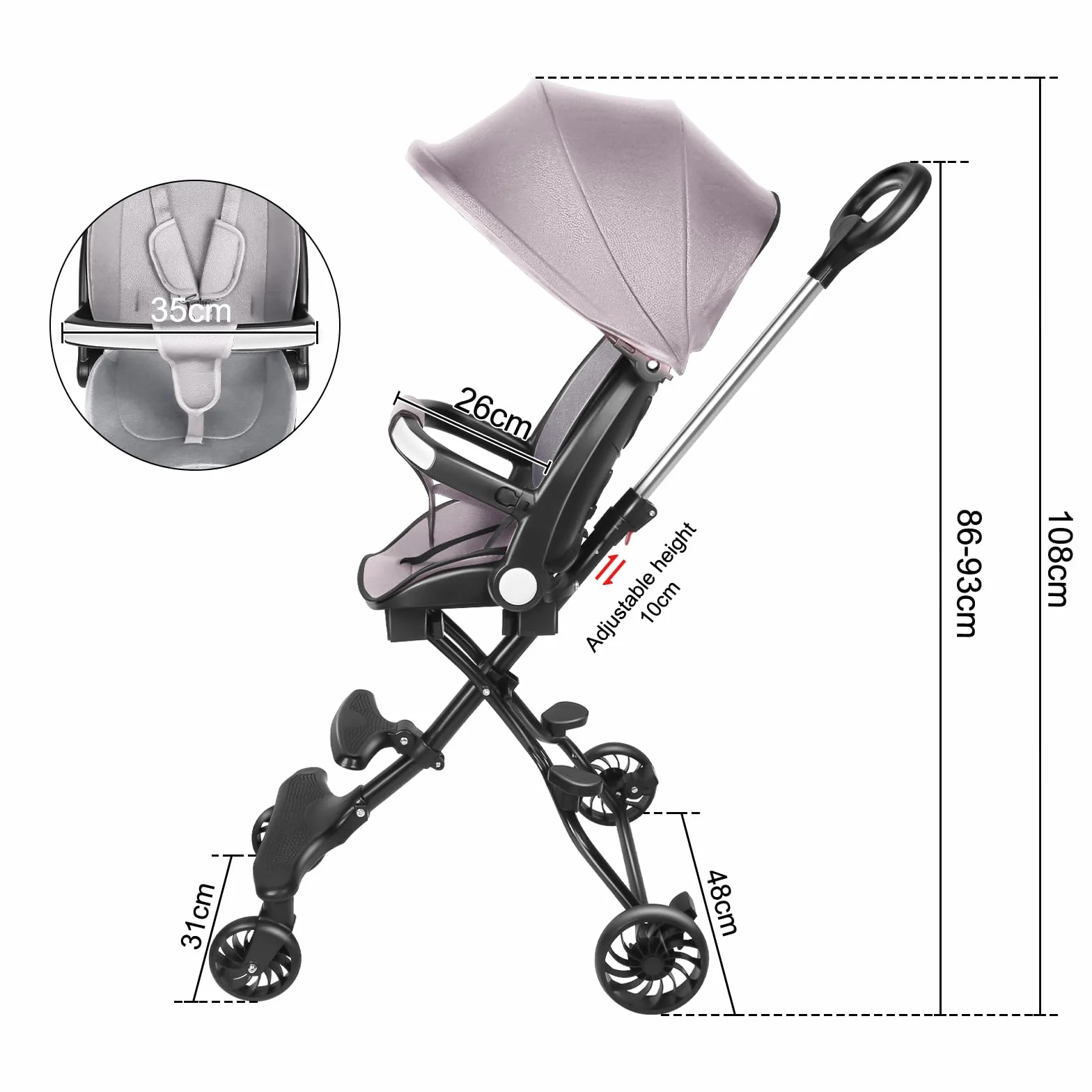 OHMG Passeggino compatto pieghevole 25 kg con sistema trolley cappottina estensibile 0-4 anni 5 kg
