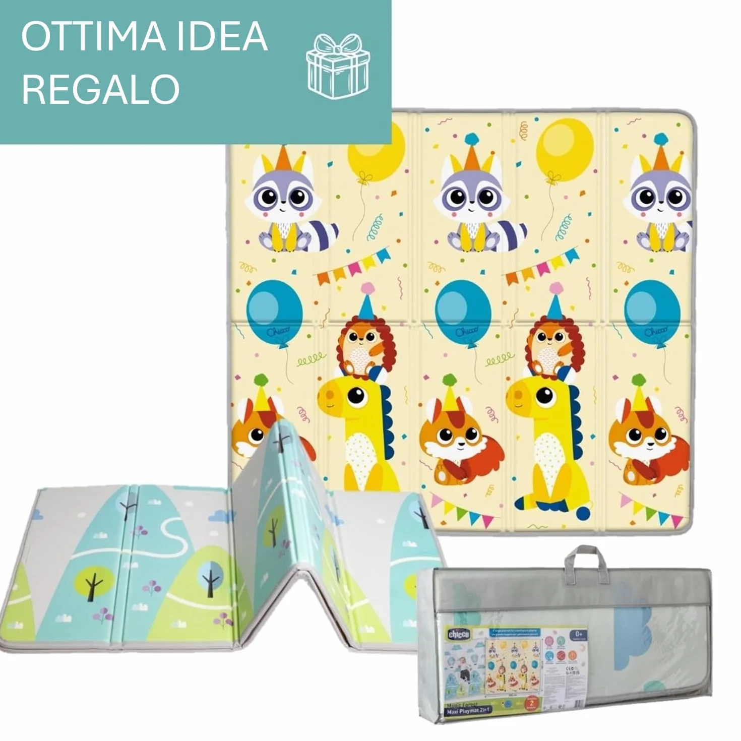 Chicco Tappeto Gioco 2in1 200x180 cm Extra Spessore 1.3 cm Double Face Animali Paesaggio Neonato 0M+