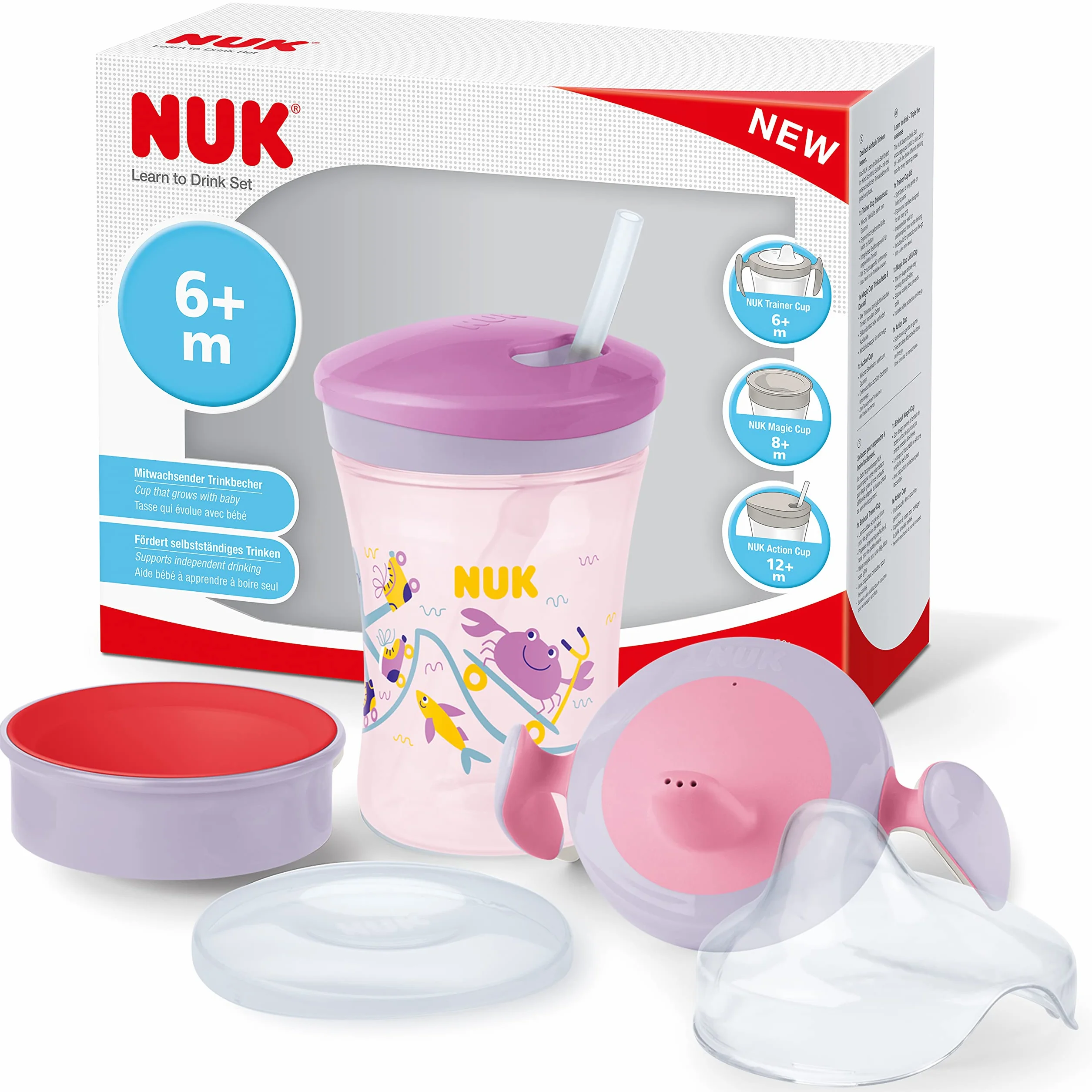 NUK 3-in-1 Set do nauki picia z kubkiem treningowym antykapiącym (6+ miesięcy) 230 ml Bez BPA fioletowy