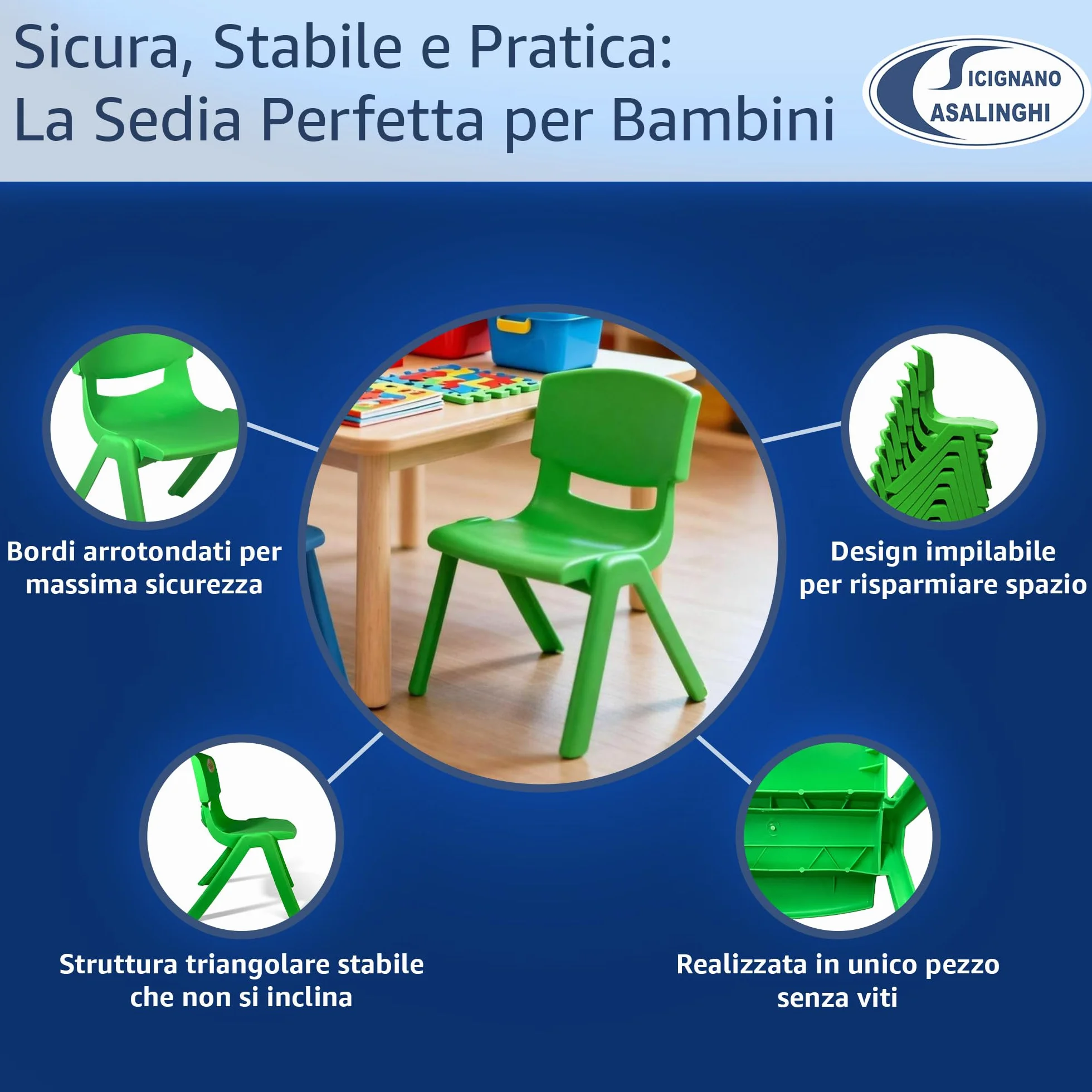 Sicignano Set 3 Pezzi Sedia per Bambini in Plastica Azzurro Impilabile 34x32x48h cm Portata 60 kg Impermeabile