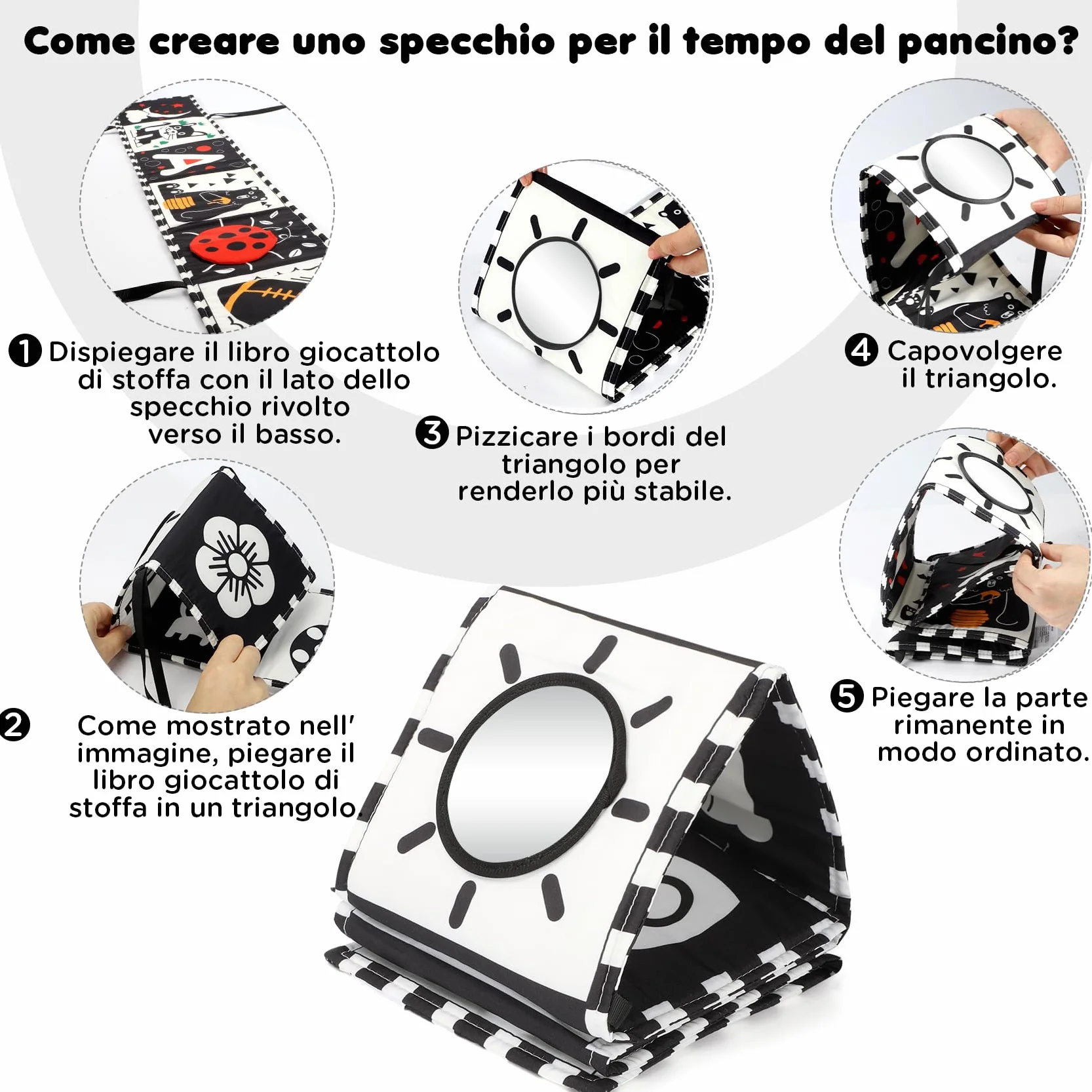 Libri Sensoriali Neonato con Specchio, Libro di Stoffa per Neonati,Giochi 0 3 6 12 Mesi,Tummy Time, Bianco e Nero 11 Motivi,Pieghevole Lavabile