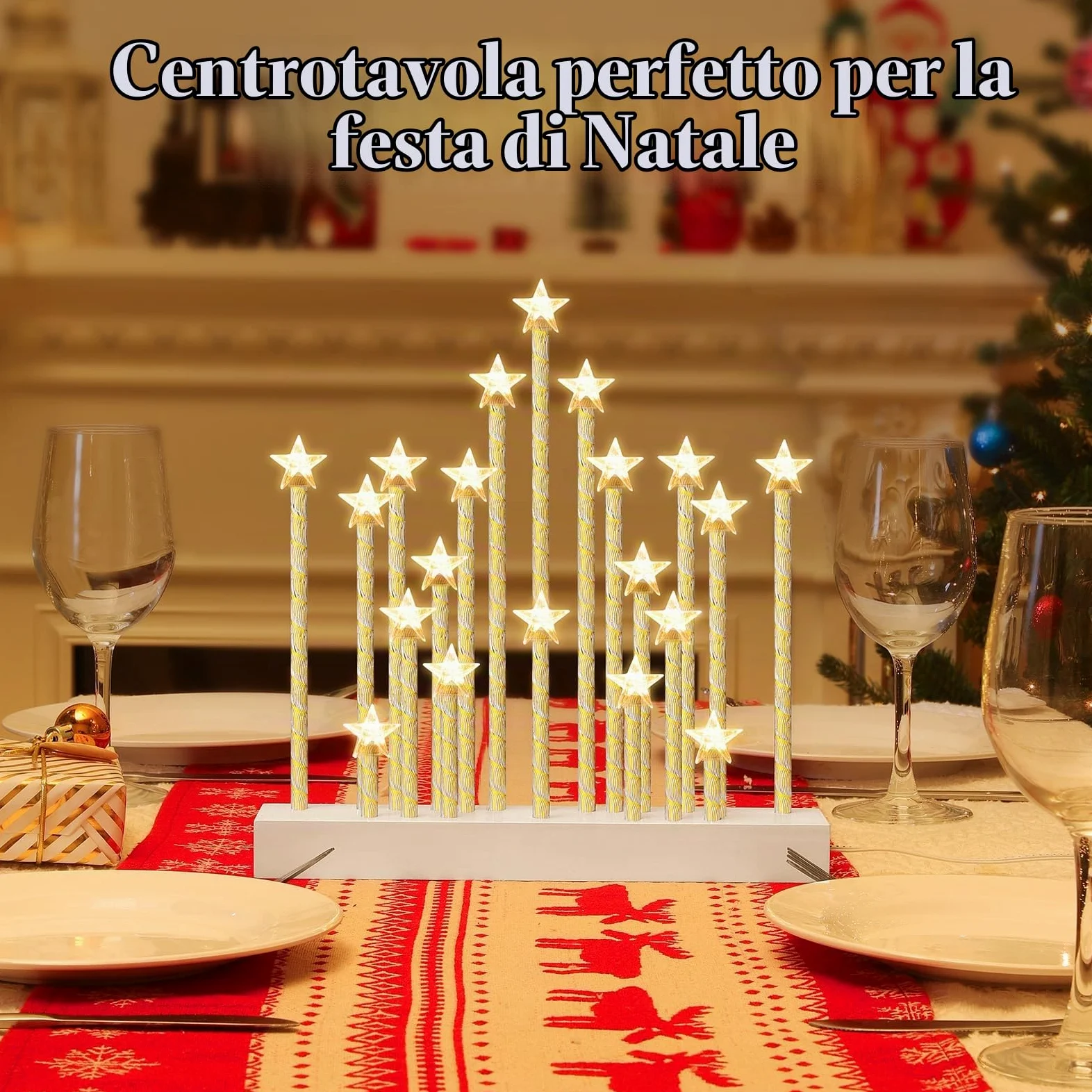 Lewondr Candelabro Svedese di Natale, Candele Senza Fiamma Stella con 20 LED Taper Candele Elettriche, USB Powered Candela Finestra di Natale per la Decorazione di Natale Regalo di Nozze, Bianco