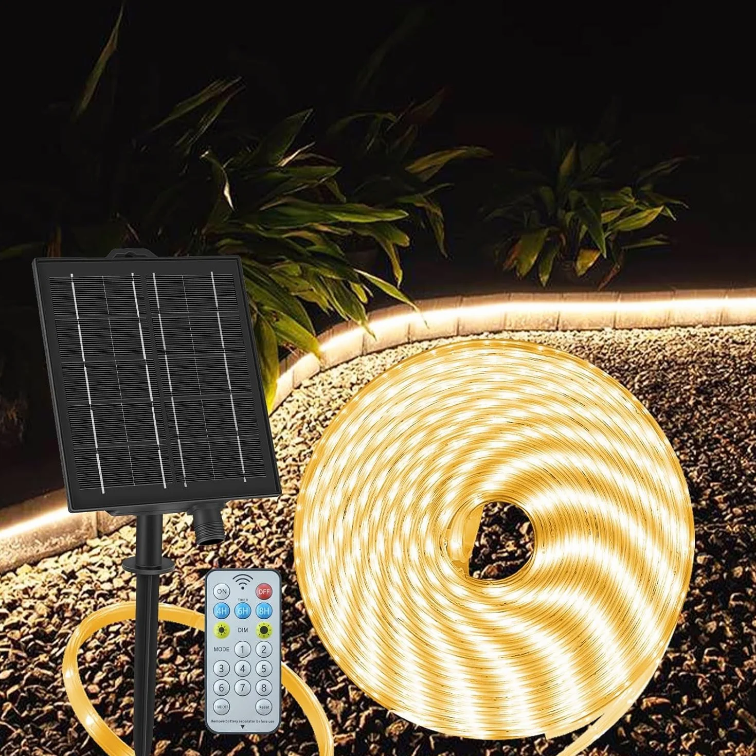 ZAIYW 10M Striscia LED Solare per Esterni, IP68 Impermeabile Solare LED Striscia con Telecomando e Timer, Autoadesiva e Tagliabile per Giardino e Cortile (Bianco Caldo)