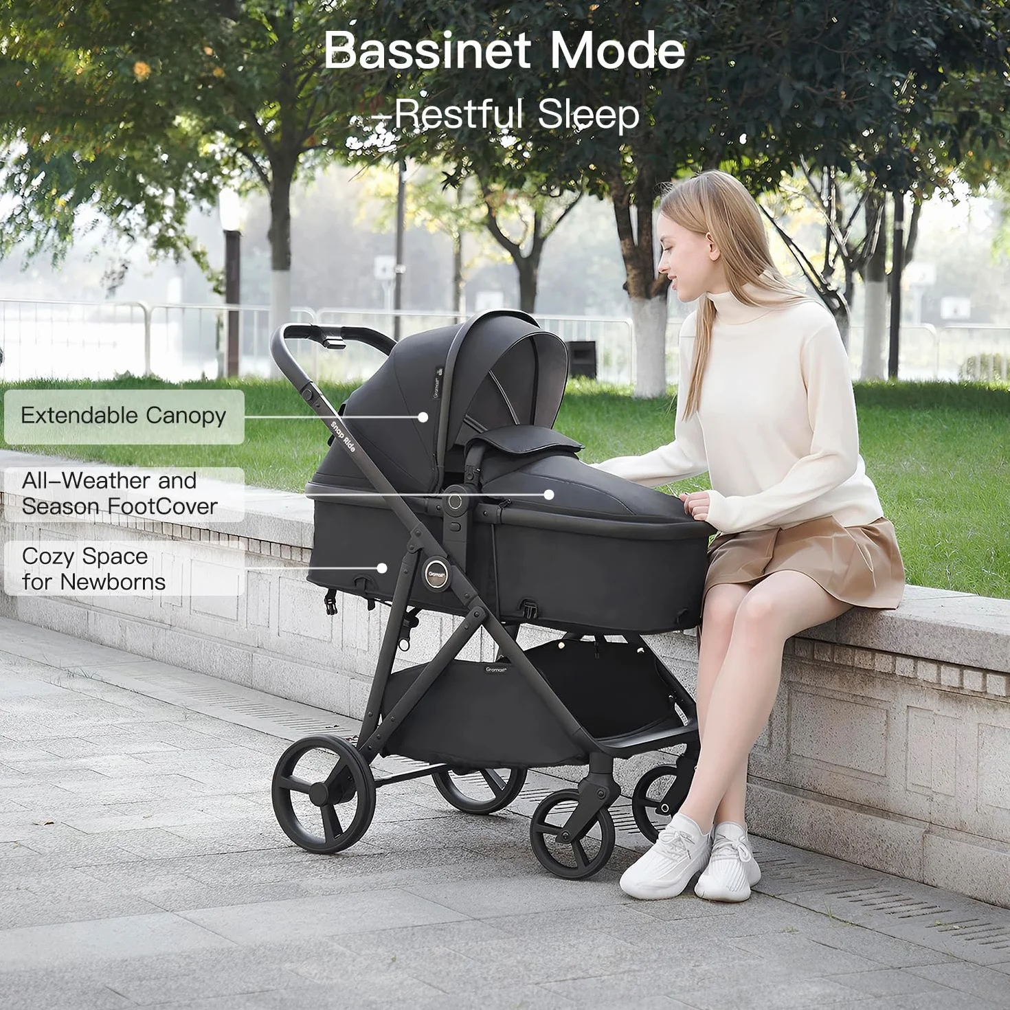 Gromast Passeggino 3 in 1 Trasformabile per Neonati con Sedile Reversibile, UPF 50+, Nero