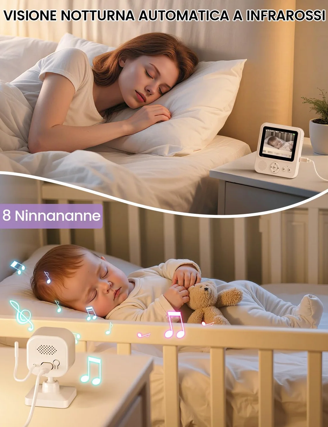 Baby Monitor Video e Audio 2,8" 720P LCD IPS 2000mAh USB-C Zoom Digitale VOX Visione Notturna Comunicazione Bidirezionale Sensore Ninna Nanna