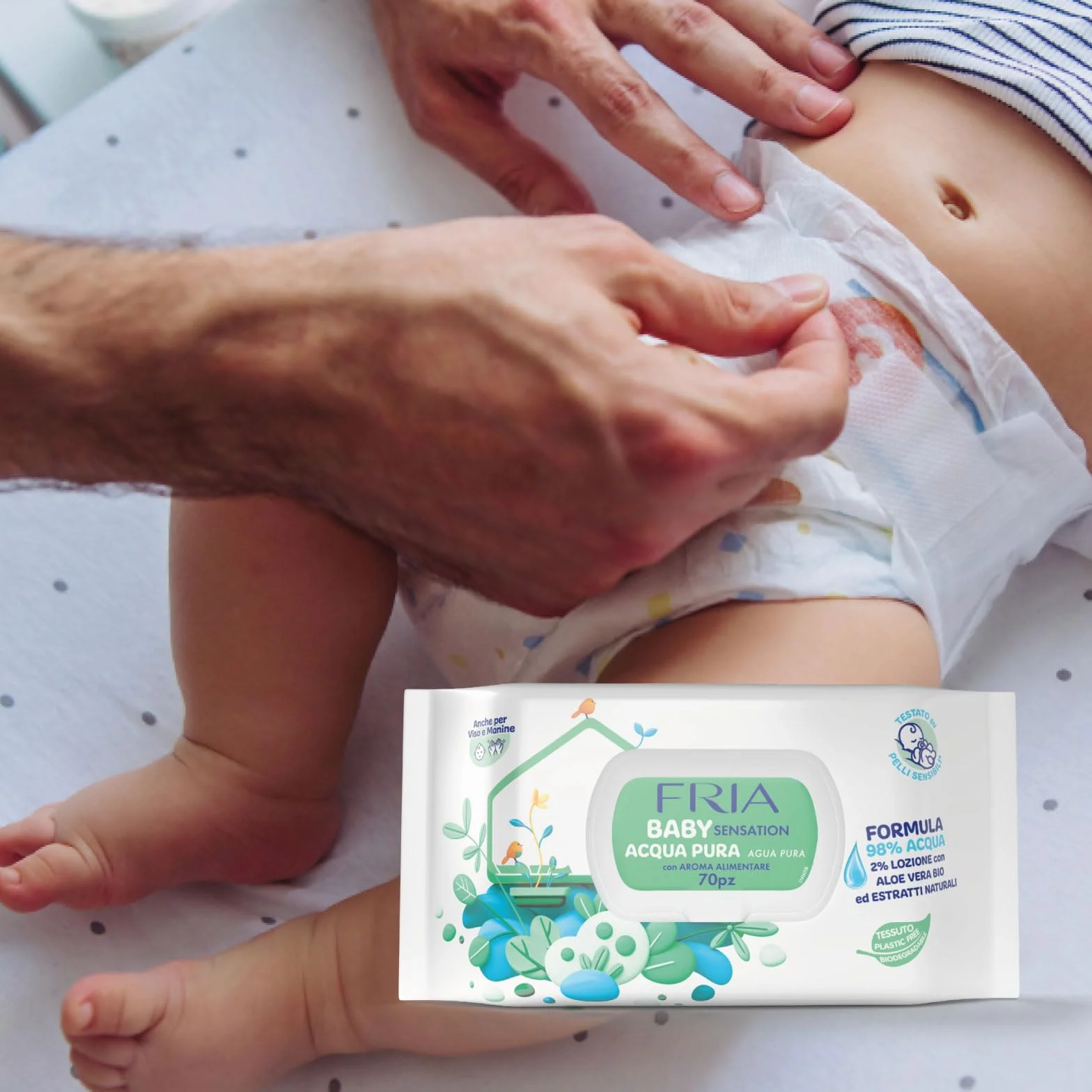 Fria Baby Sensation Acqua Pura Salviette per Cambio Pannolino, 98% Acqua Purificata, 70 Salviette