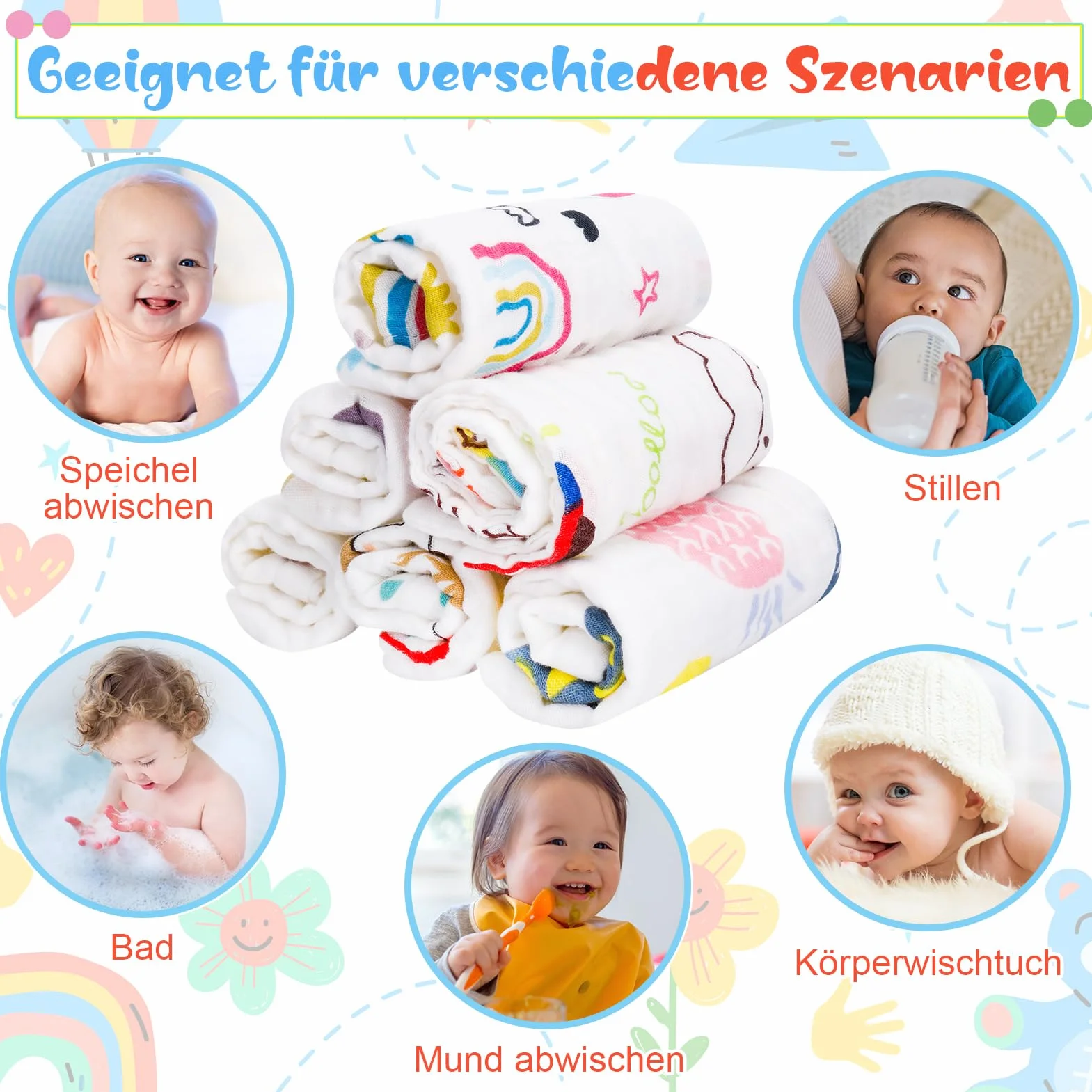 Set Salviette Mussola Neonato Cotone 25x25cm 8 Pezzi Morbidi Asciugamani Bagnetto