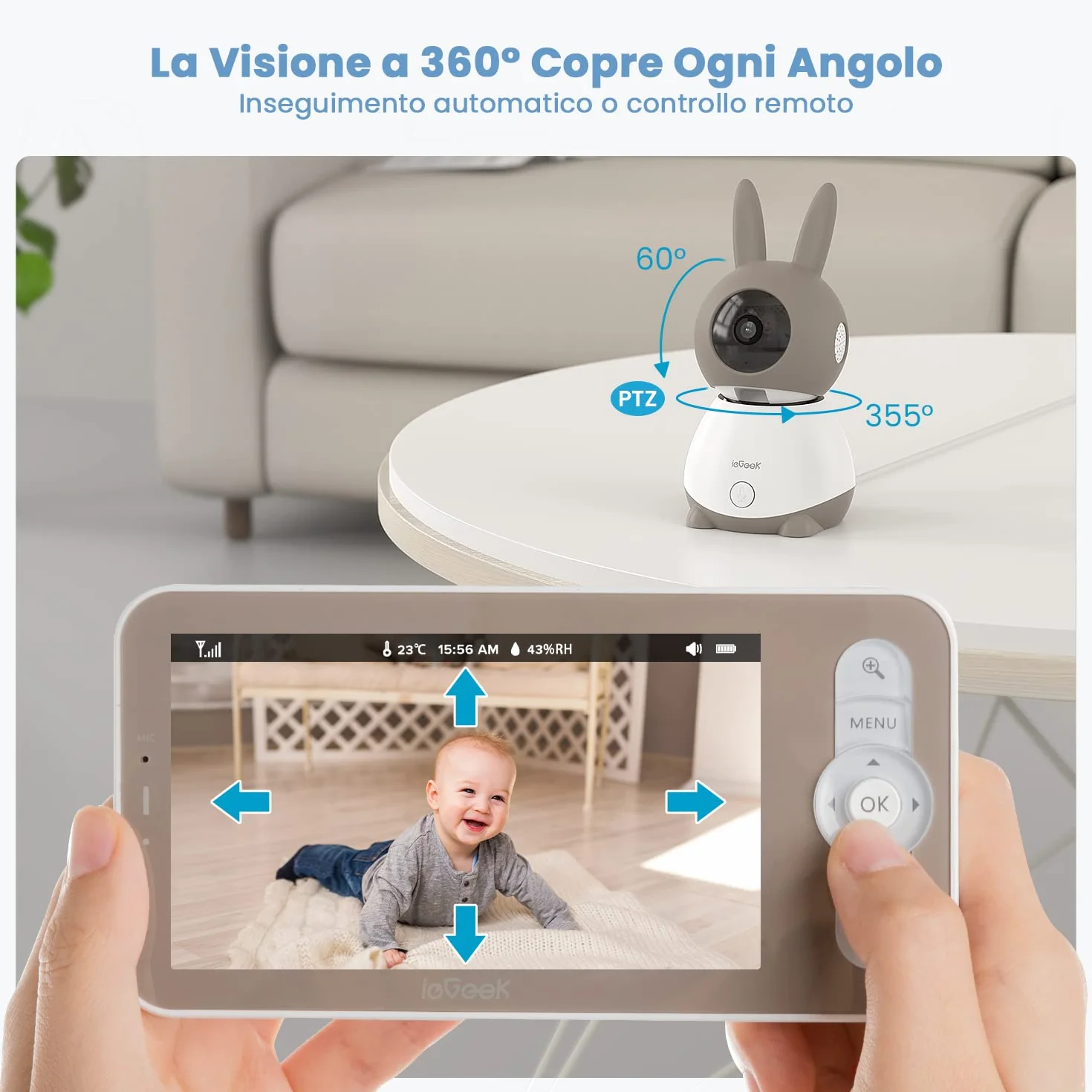 ieGeek 2K Baby Monitor con 5" LCD, Telecamera Bambini con APP, 3000mAh Batteria Ricaricabile, Rilevamento Intelligente