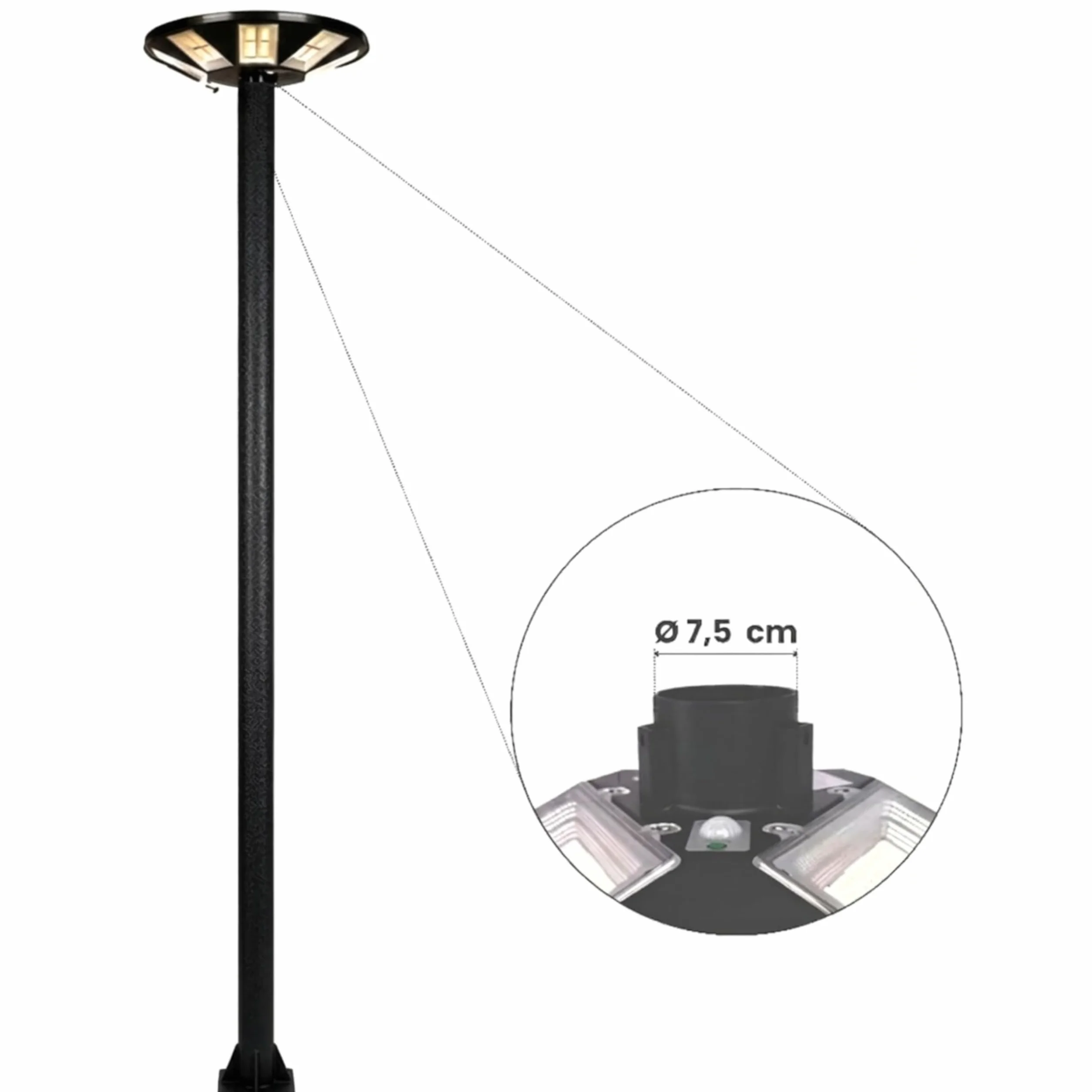 YASTA Palo per Lampione Solare 3 Metri, Supporto Nero con Finitura Ruvida con Diametro 7.5cm, Base Rinforzata per Fari LED Esterni, Giardino e Cortile - Design Moderno e Antigraffio