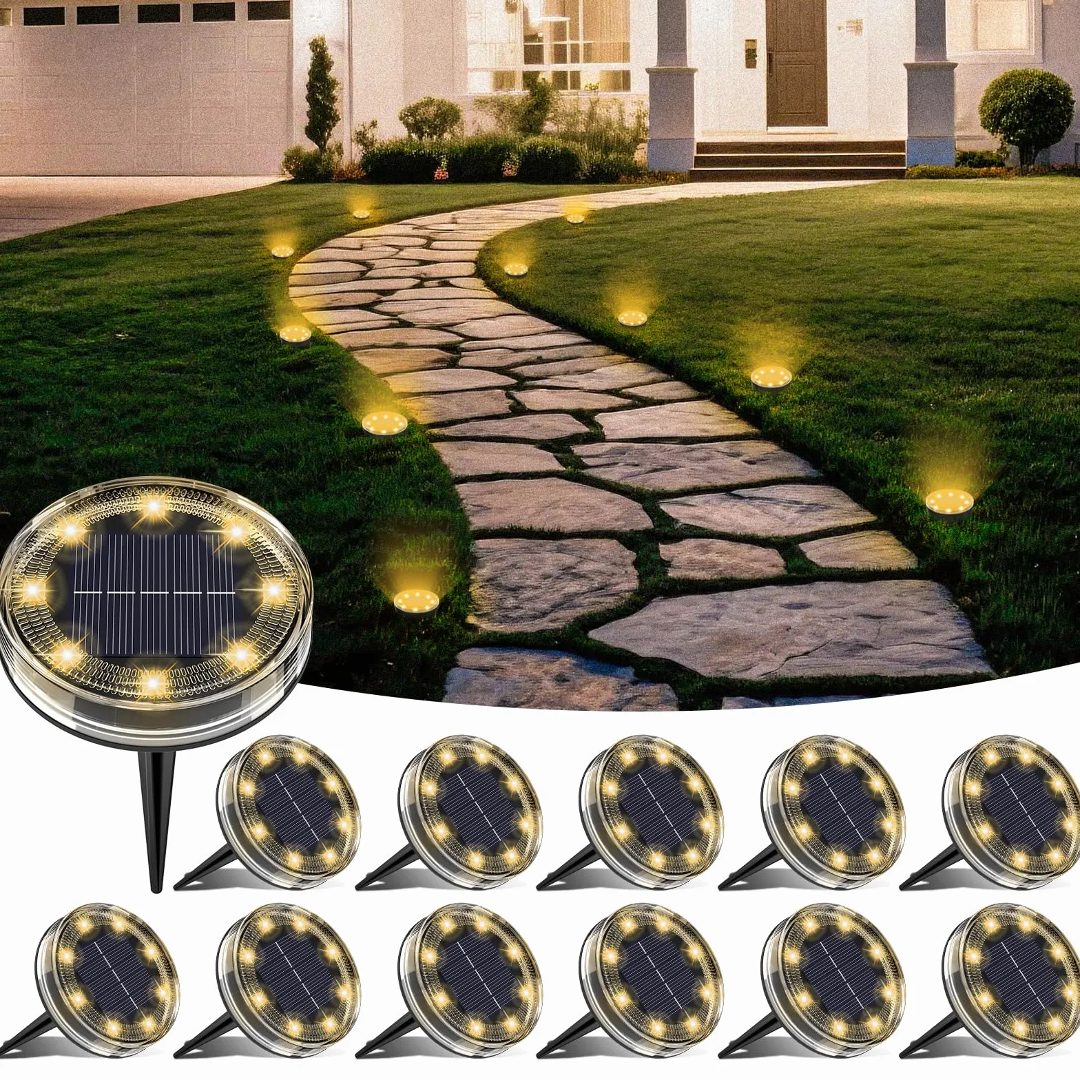 LOTMOS 12 Pezzi Luci Solari da Giardino Sepolta, 8 LED Faretti Solari a Led da Esterno IP68 Impermeabile, Lampade Luce Solare da Terra Decorazione per Prato Cortile Vialetto Paesaggio, Bianco Caldo