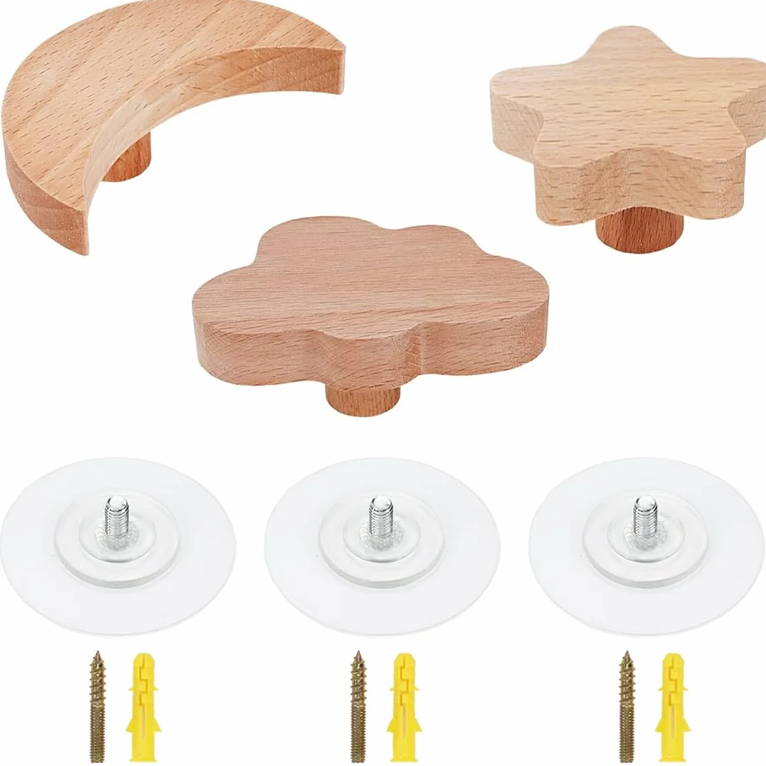 Ganci Appendiabiti in Legno di Faggio, Appendiabiti da Parete, 3 Pezzi