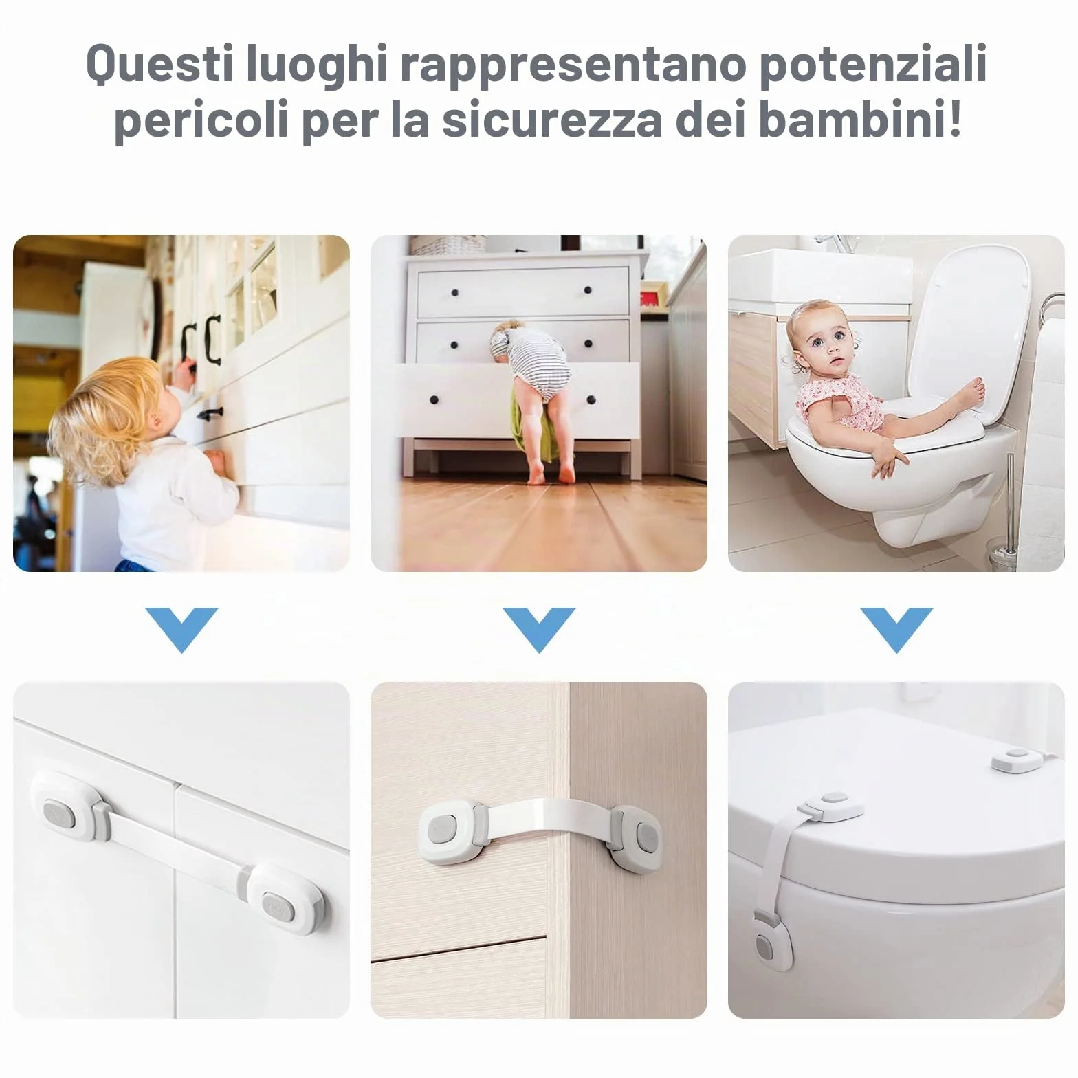 BillyBath Chiusure di Sicurezza per Bambini 6 Pezzi, Blocca Cassetti, Grigio