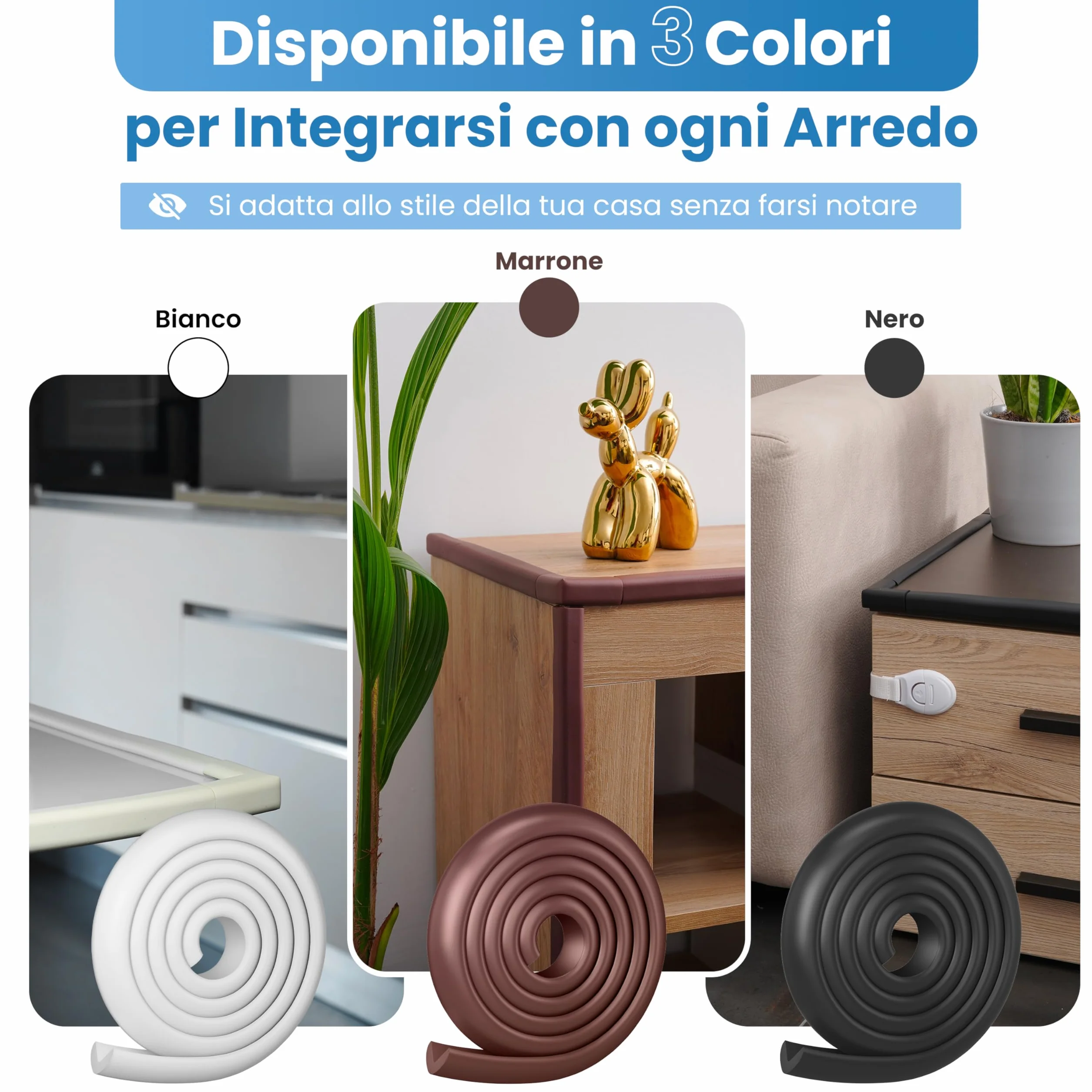 Happy Chlea Copri Angoli in Gomma con Schiuma Attiva, Kit Sicurezza Casa 2m Parabordi + 4 Angolari Morbidi + 2 Blocca Cassetti