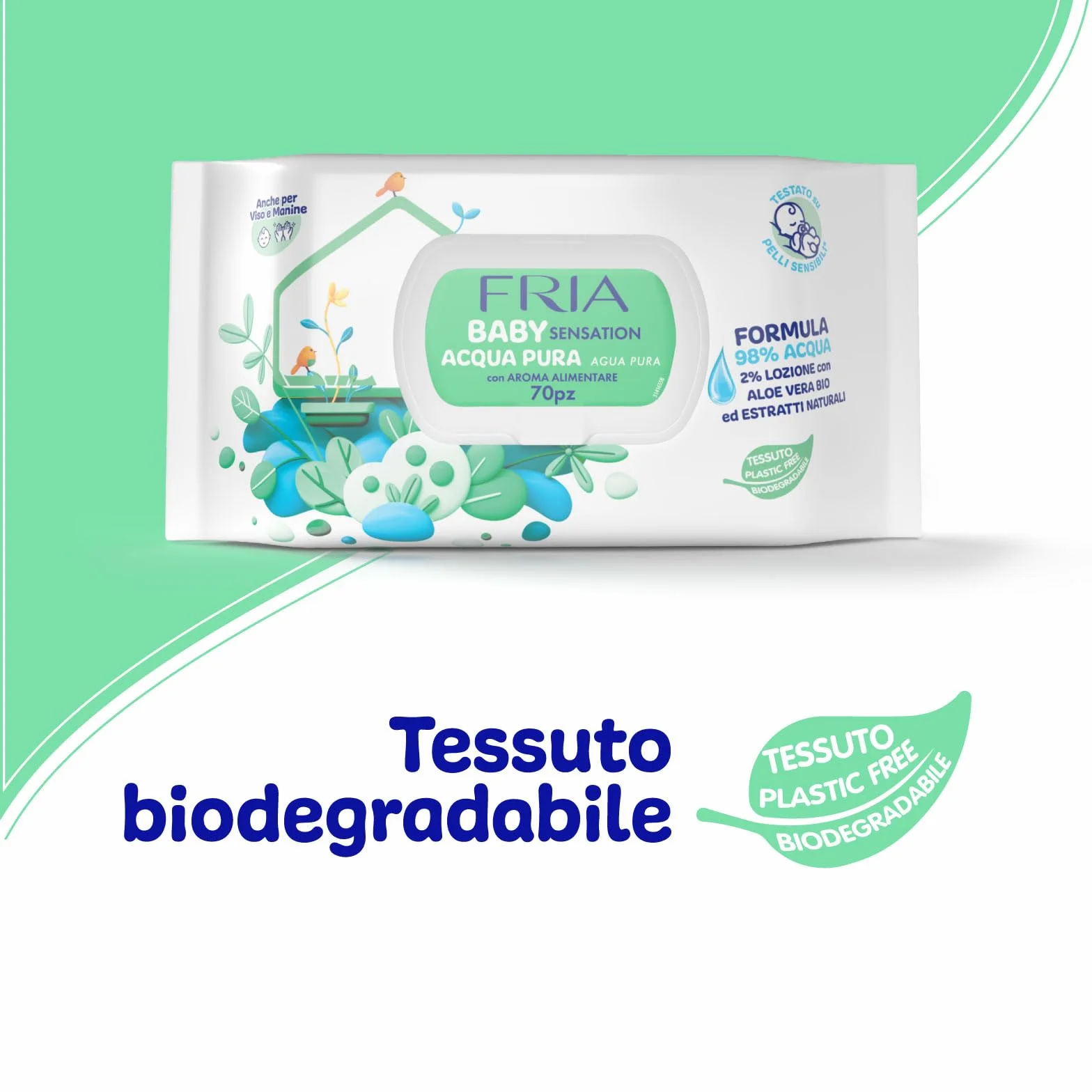 Fria Baby Sensation Acqua Pura Salviette per Cambio Pannolino, 98% Acqua Purificata, 70 Salviette