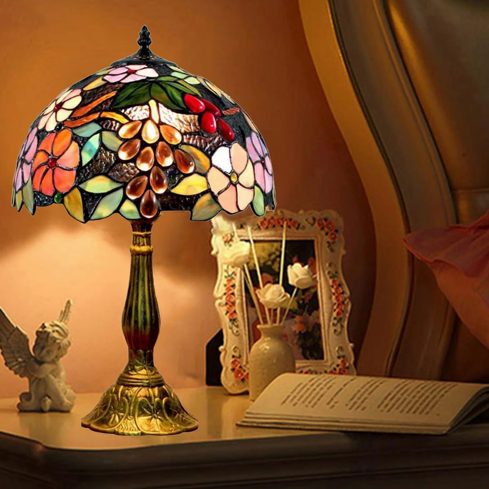 Lampada in stile Tiffany, 12 pollici Lampada da comodino notte a paralume fatto a mano in vetro colorato, Lampada da tavolo, per Soggiorno Camera da letto Tavolino da caffè