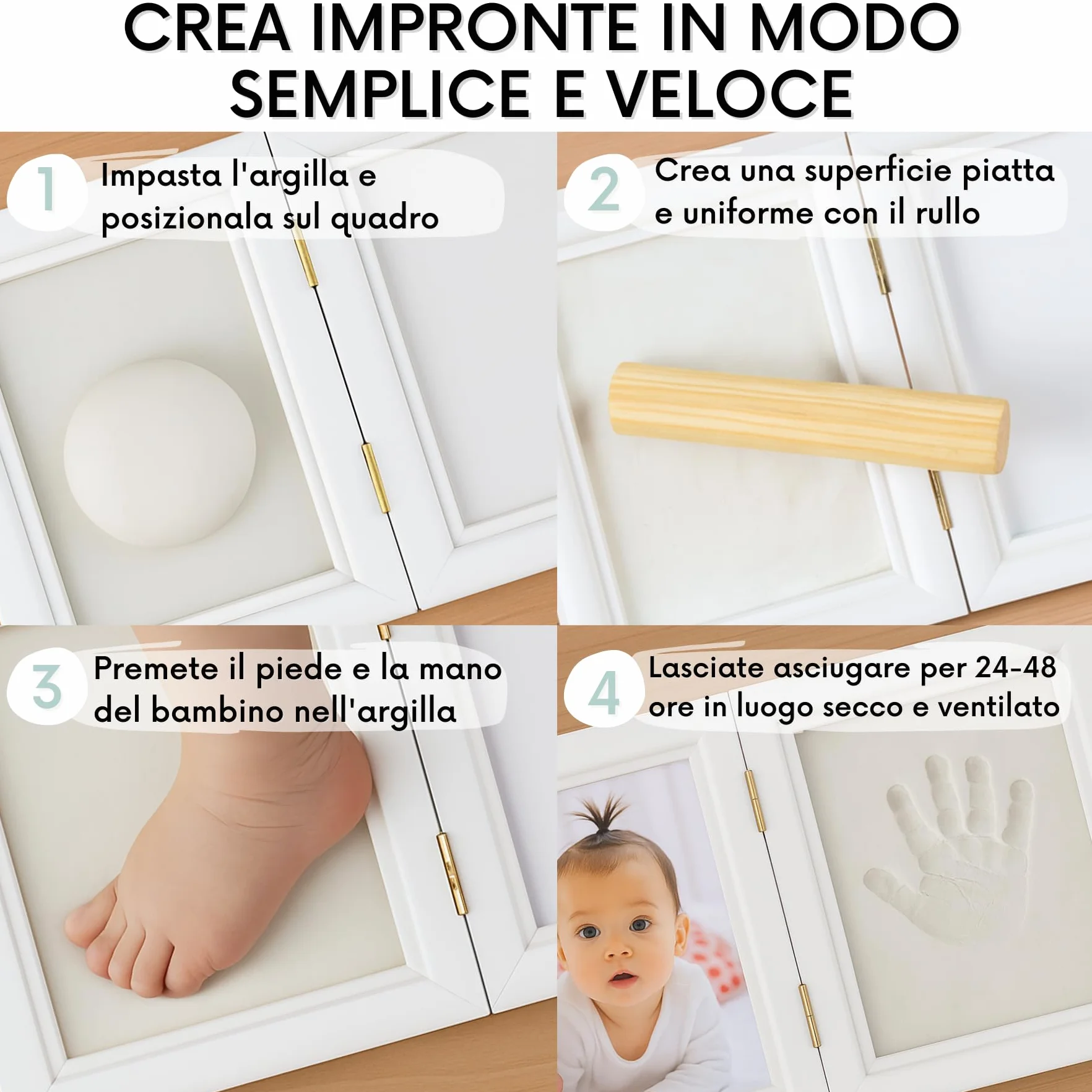 HuBorns Kit impronte neonato con argilla, cornice per calco mani e piedi, idea regalo nascita battesimo, ricordo originale per bimbo e bimba