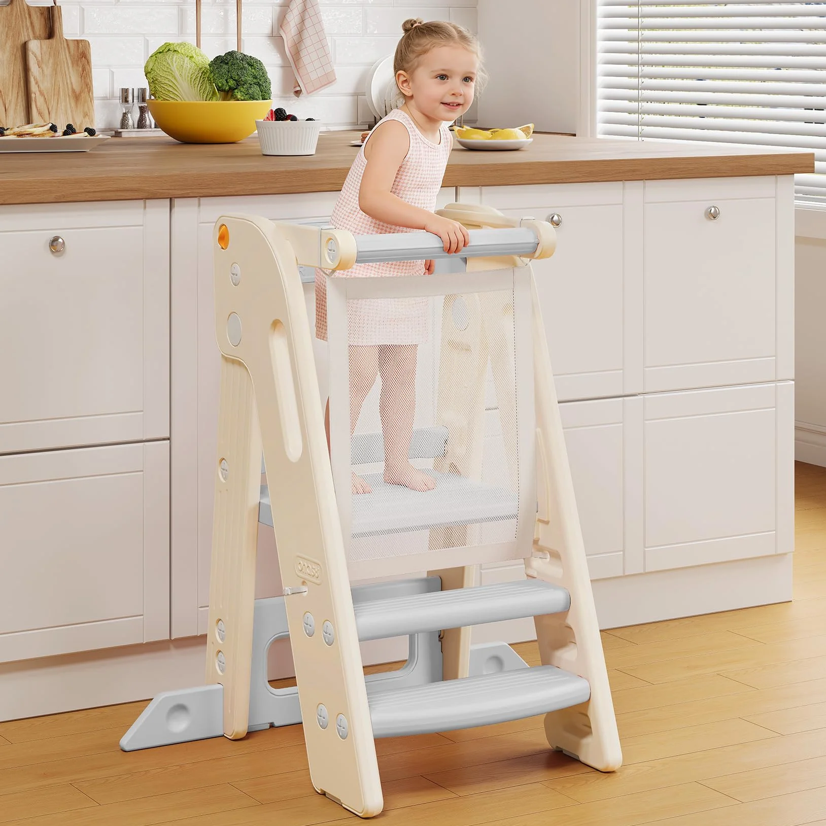 Torre Montessoriana Pieghevole Regolabile Altezza Learning Tower Antiscivolo Anti-Ribaltamento Bianco 1-6 Anni