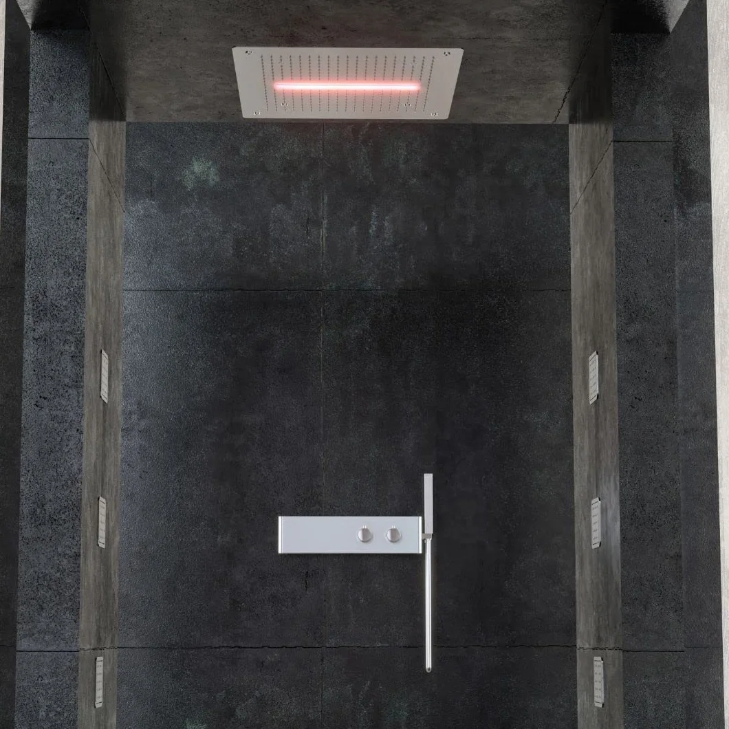 Soffione Doccia LED a Soffitto Installazione Da Incasso Con Cascata Acciaio Inox Quadro