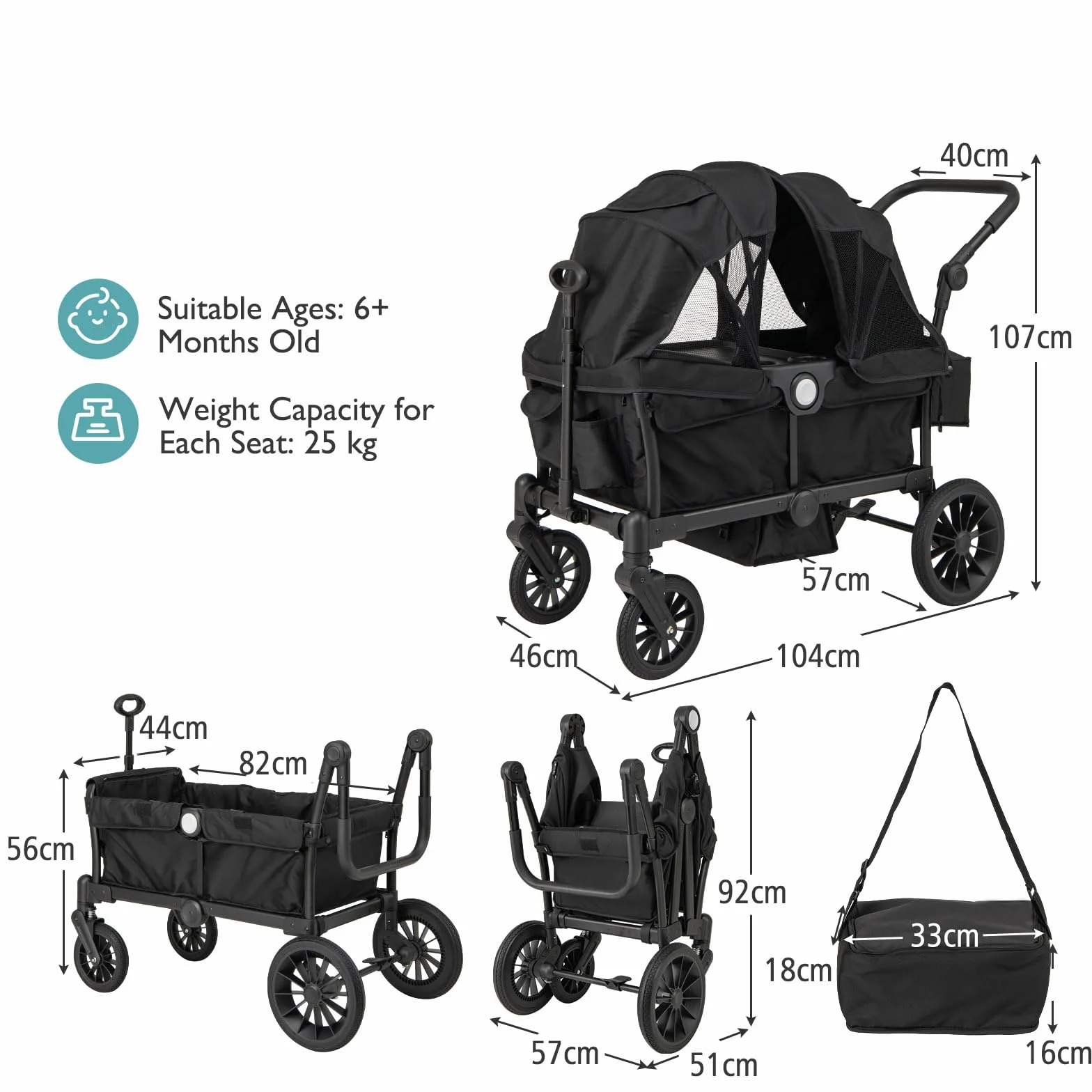 LIFEZEAL Carrello Porta 2 Bambini 6+ Mesi Pieghevole Regolabile con Tettuccio Max 50kg Nero
