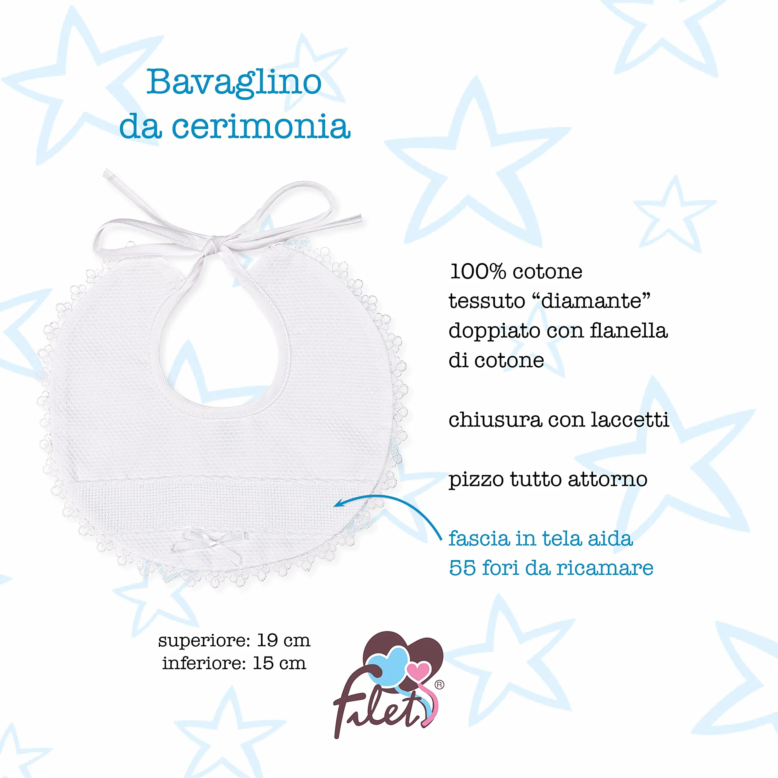 Bavaglino da Cerimonia Elegante in Cotone con Inserto in Tela Aida da Ricamare per Neonati - 100% Made in Italy