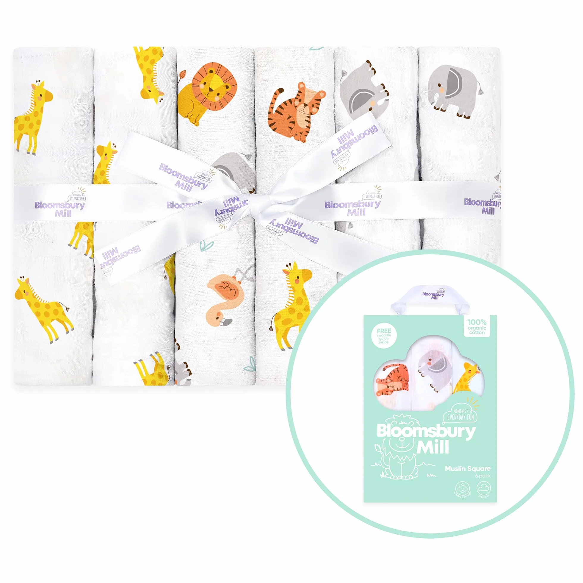 Bloomsbury Mill Mussole Neonato Cotone Set 6 Teli Quadrati 70x70cm 100% Cotone Biologico Animali Giungla