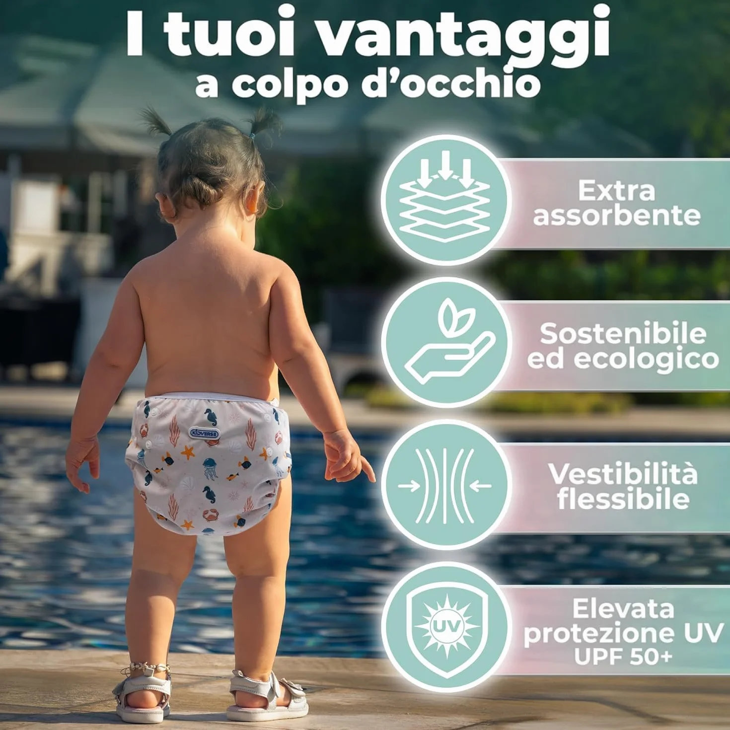 KIDVERSE pannolini acquatici baby costume da bagno 0–3 anni – pannolino piscina neonato regolabile con borsa e rete per lavaggio