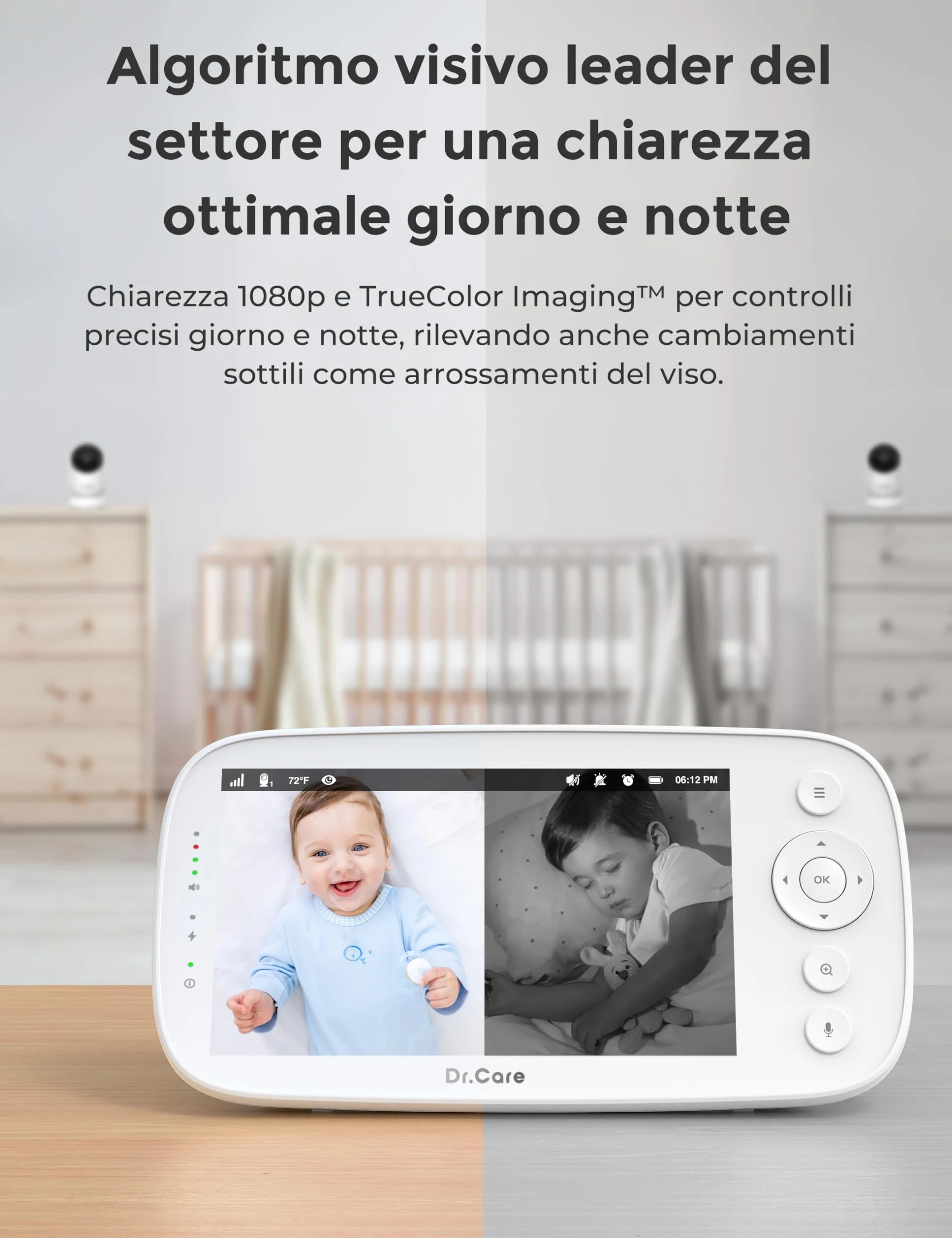 Dr.Care Baby Monitor 5" HD 1080P Senza WiFi Bassa Radiazione Visione Notturna Rotazione 360° Batteria 5000 mAh VOX
