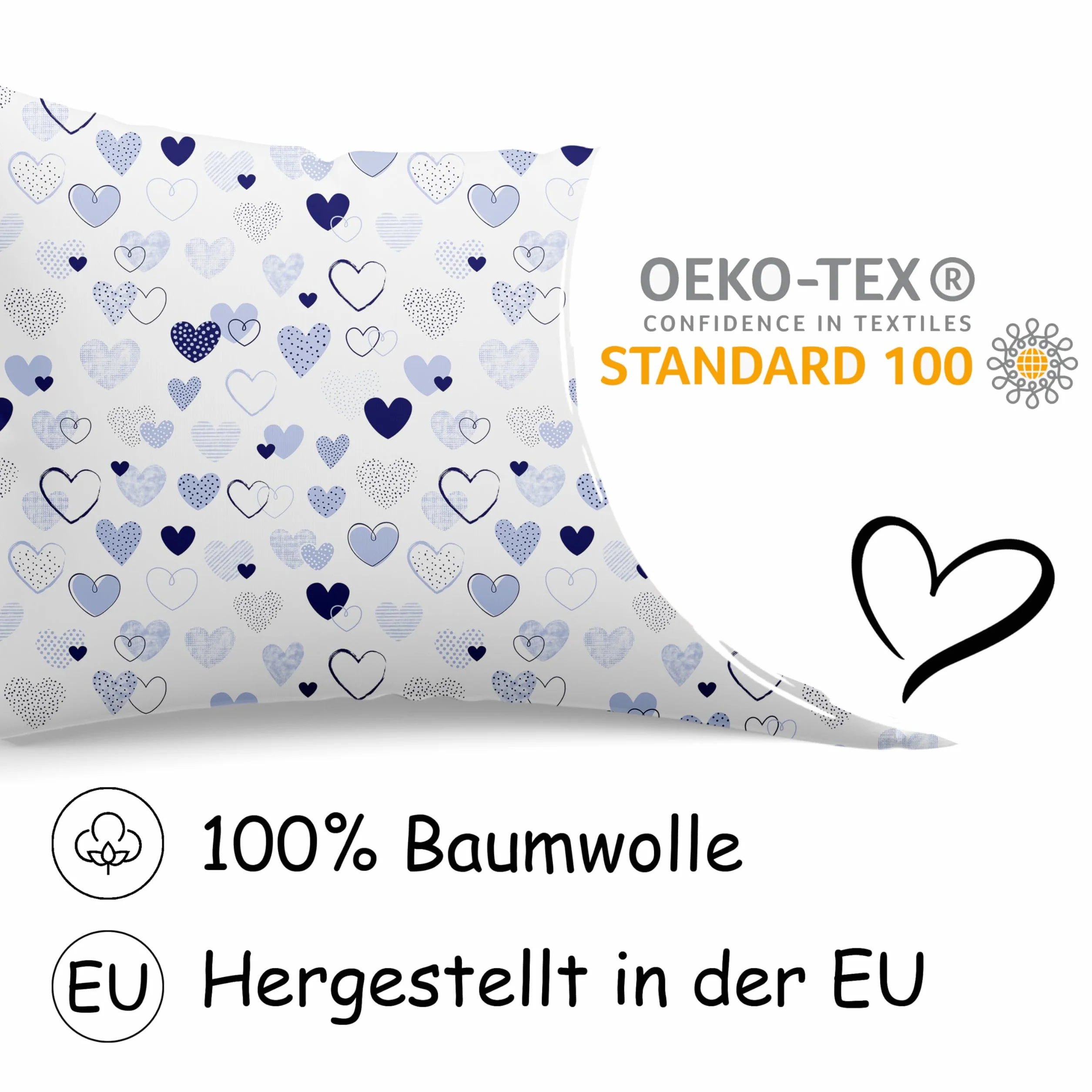 Federa per cuscino 40x60 cm 100% cotone Öko-Tex 100 con chiusura lampo cuori blu