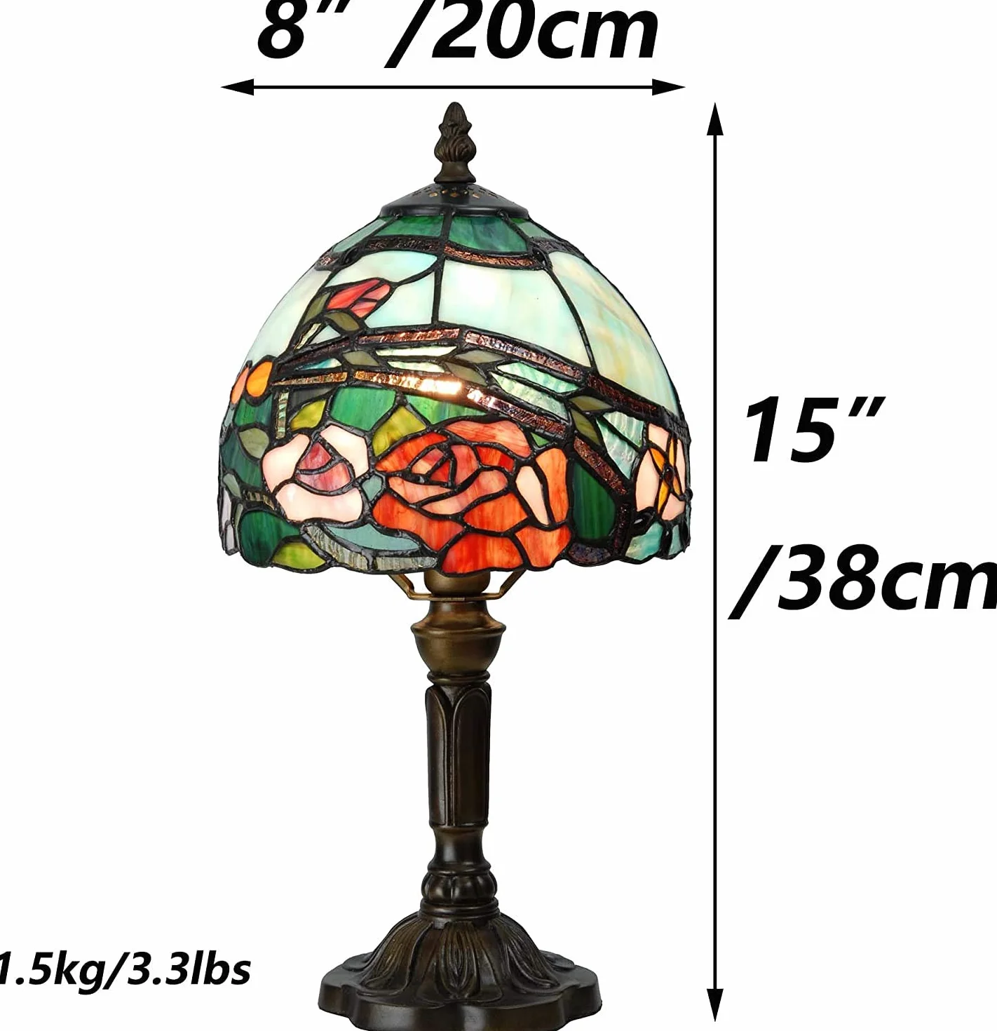 Bieye L30736 Lampada da tavolo in vetro colorato in stile Tiffany con paralume largo 8 pollici, alto 15 pollici, rosso