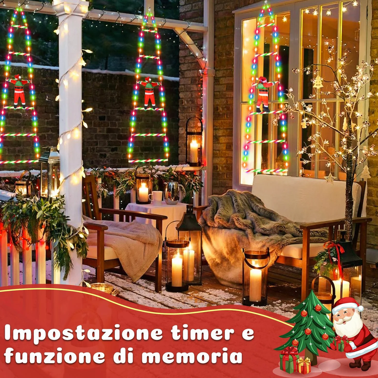 SIVQIKE 98 Luci LED Fiabesche Babbo Natale 0.8M, Striscia Luminosa Natalizia con Timer e Memoria, 8 Modalità, Decorazione per Esterni, Interni, Finestre, Giardini, Balconi(RGB)